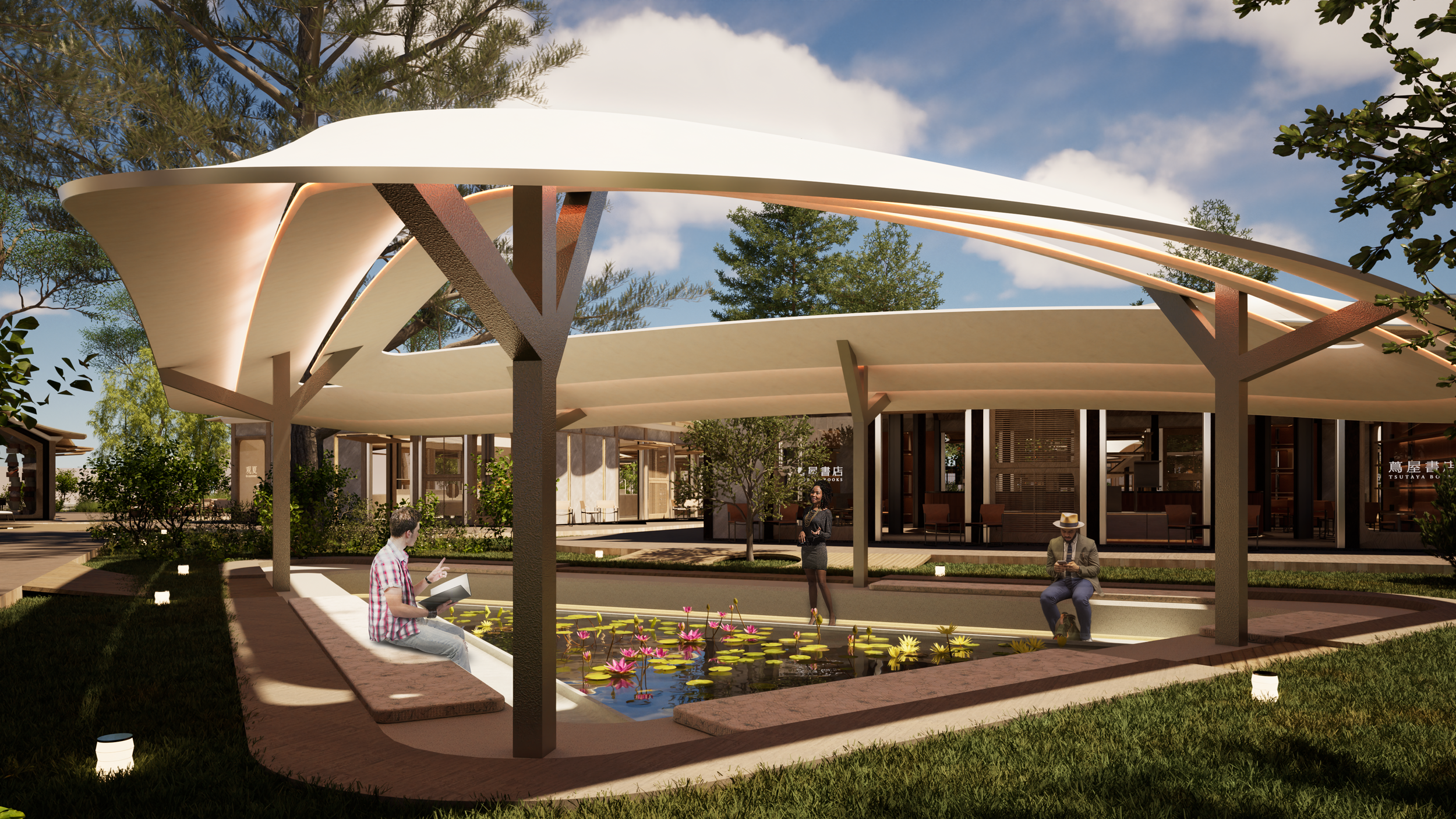 The Lotus garden in LE PARLOR provides a gathering and parade stage for people to celebrate the culture and traditions of Pacific Palisades.