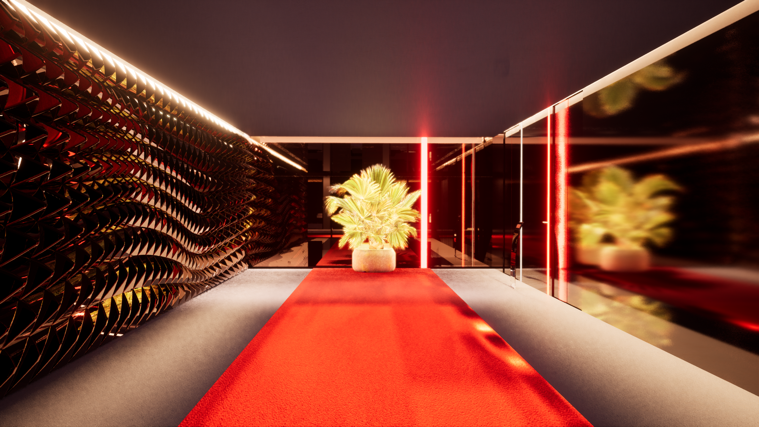 Entering hotel with evevator, which is only element guest will encounter when they first enter the hotel, after they arrived to second floor, everything start reveal and deliver that Cartier vibe to the guests. The facet shape wall is inspired by Car