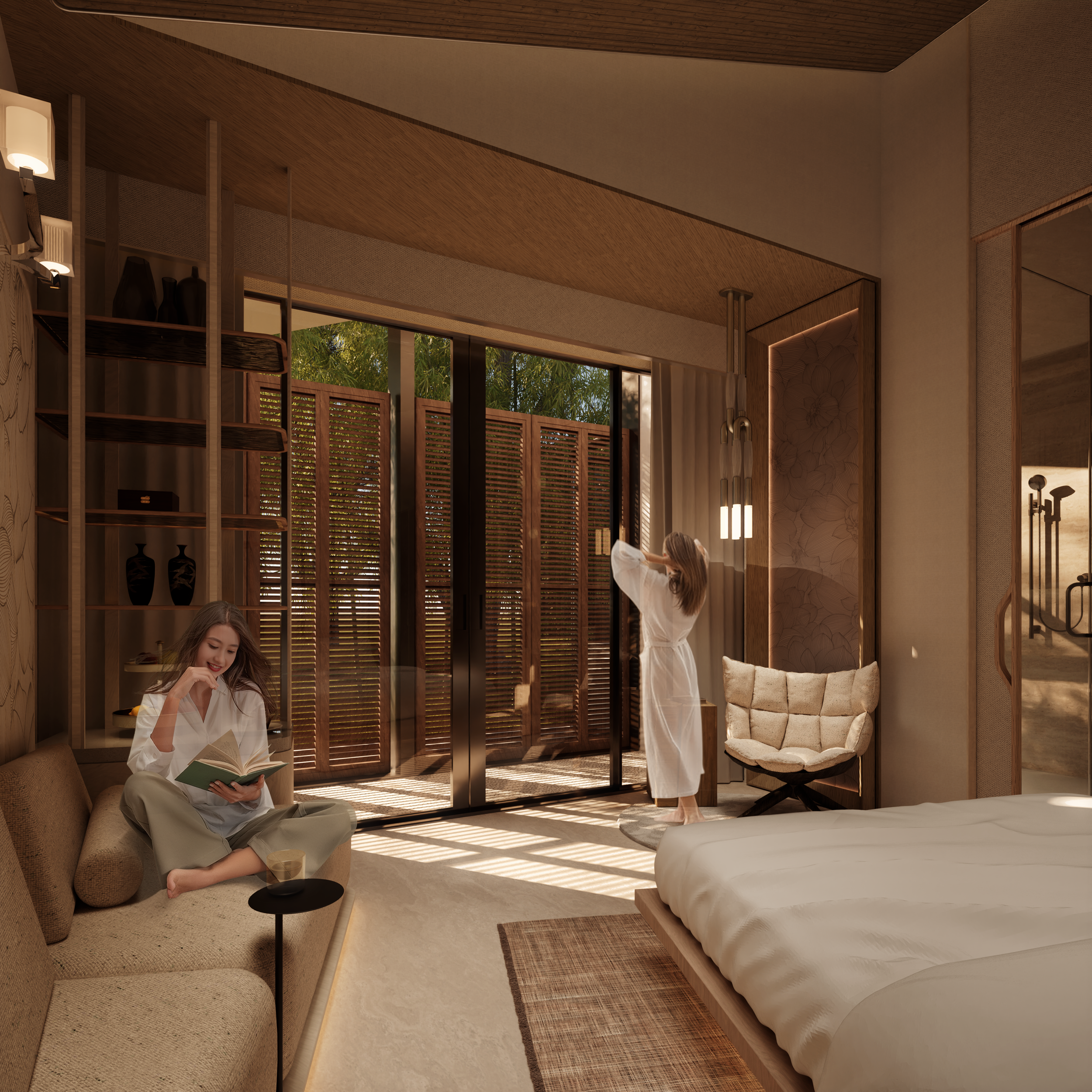 The guestroom villa of Sanctuary House, featuring space and materials that bring a sense of Pacific Palisades into the hospitality space.