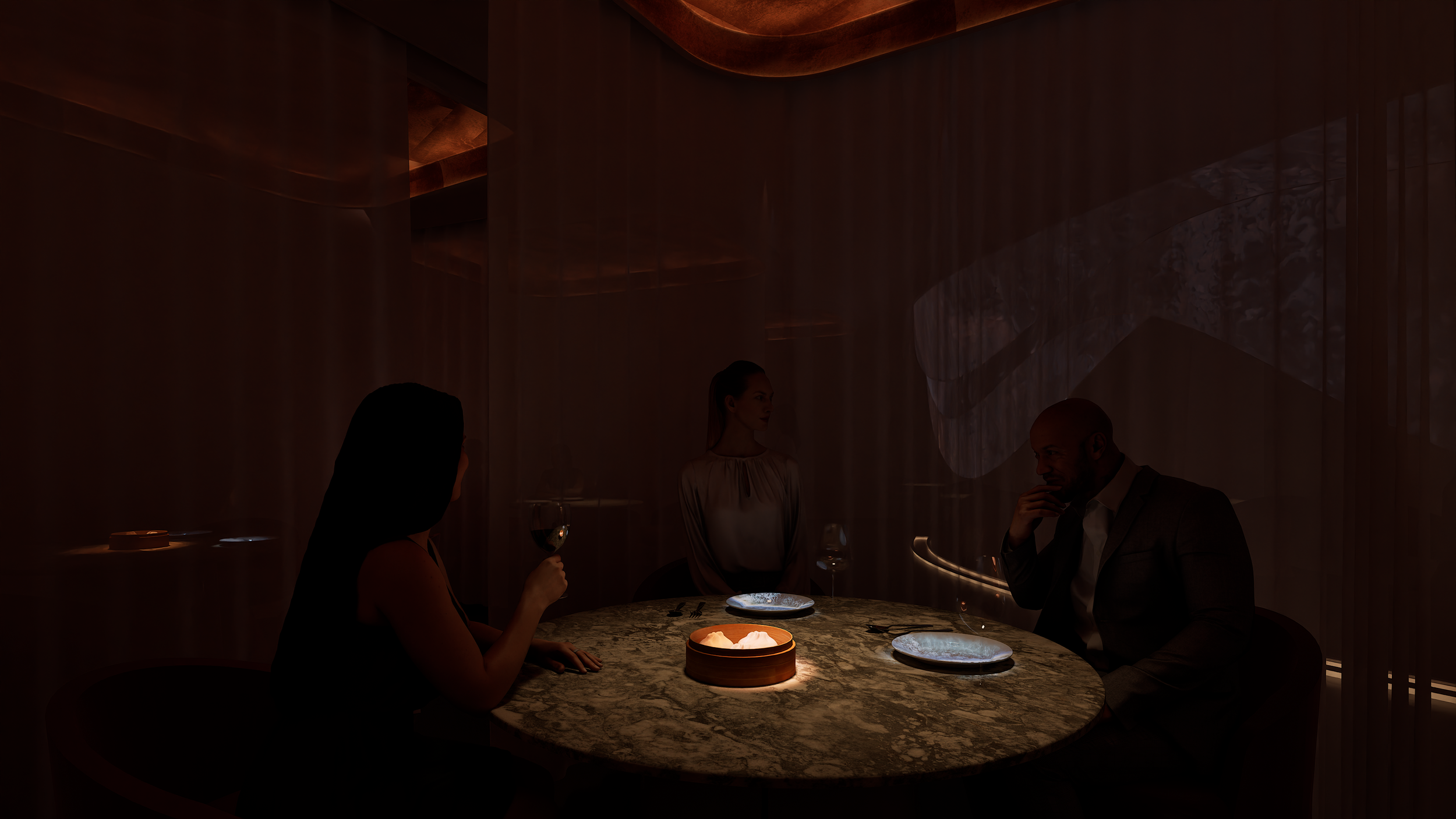 The four-person space has its own drapes, which will be enclosed during the experience, creating personal space for scents, lights, and sounds.