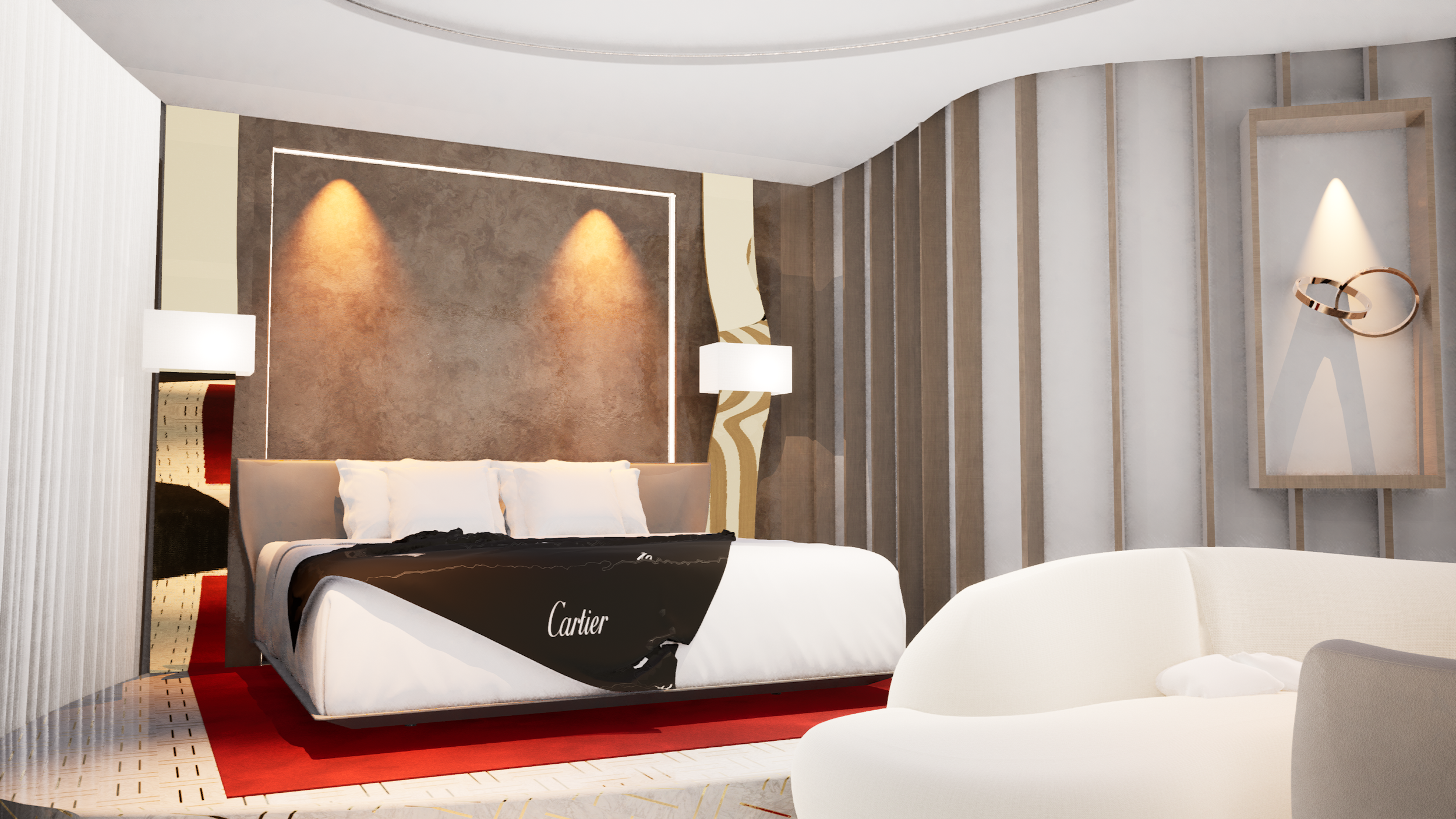 The living space is inspired from Cartier's quietness and delicate form language from its signature fine jewelry collections.
The sculpture of the jewelry pieces resonate peacefully with every details in the room.