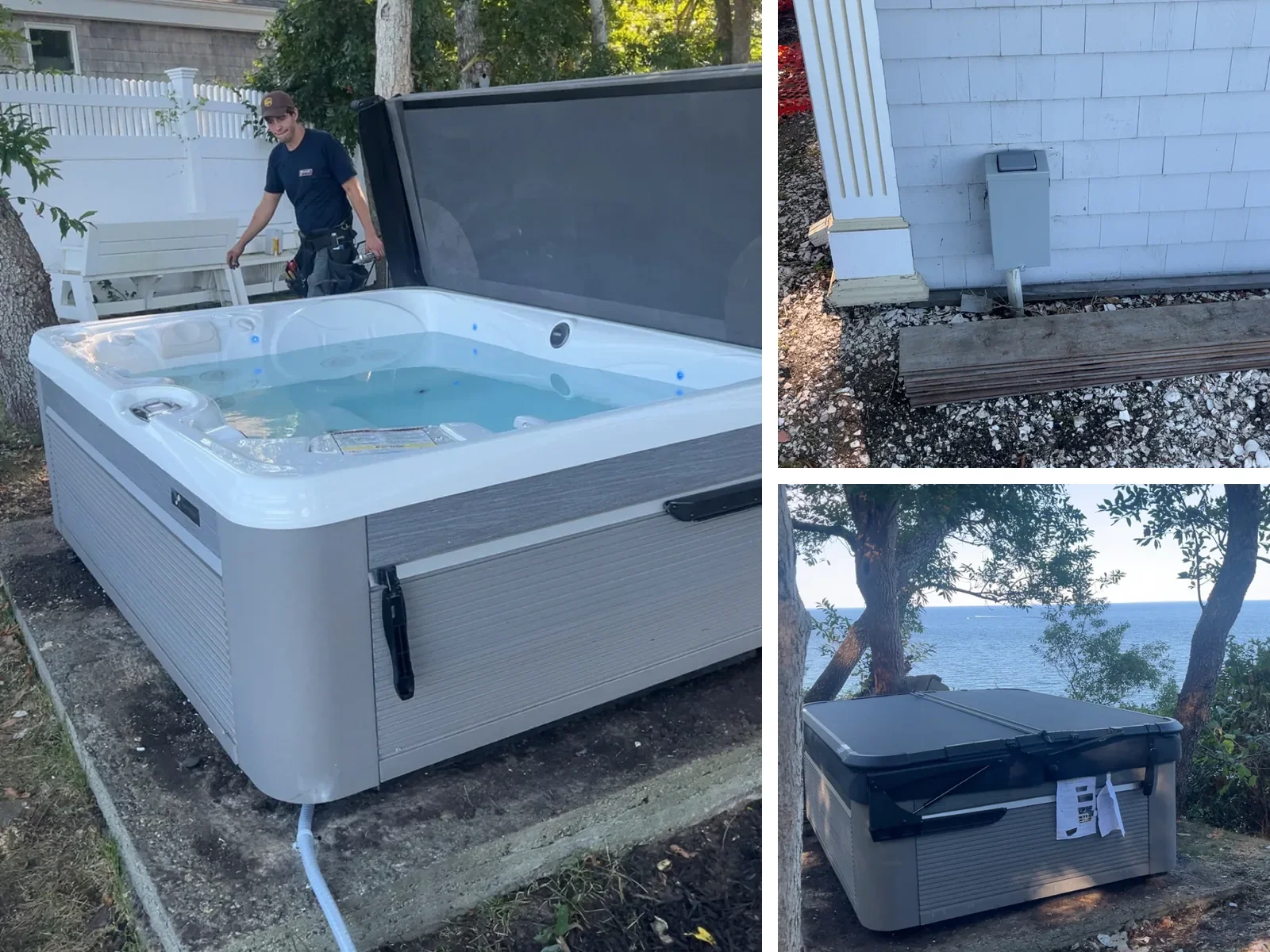 Innis Electric Plymouth hot tub electrical project showing the electrician, outdoor disconnect and completed waterfront installation