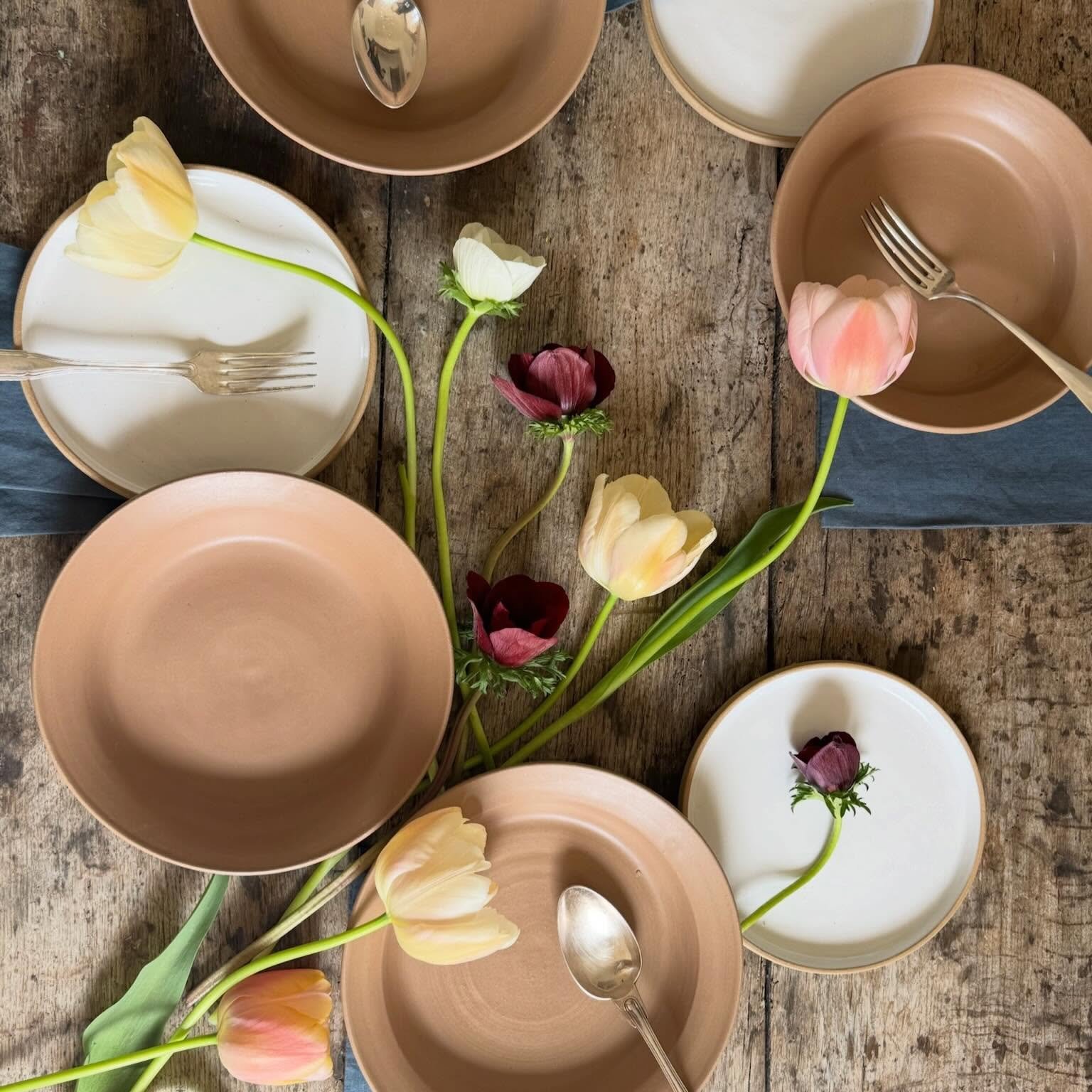 clay, cream &amp; tulips.

#tablesetting #olivetceramics #ceramics #slowliving #sonomacounty