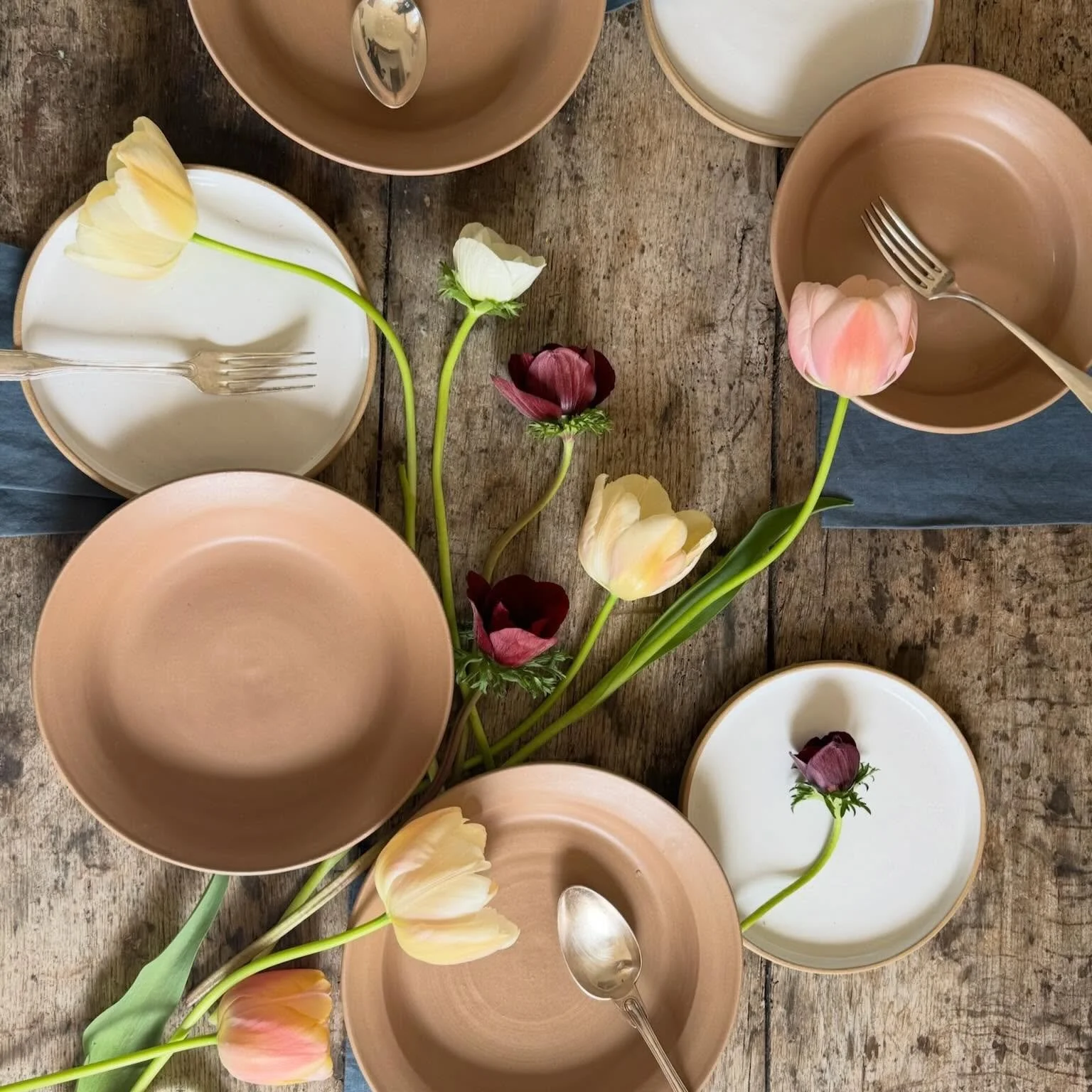 clay, cream &amp; tulips.

#tablesetting #olivetceramics #ceramics #slowliving #sonomacounty