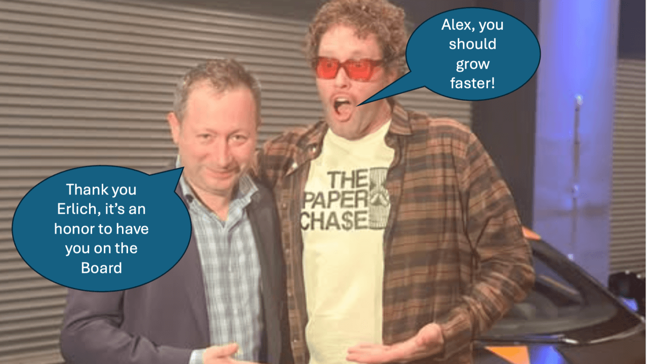 Two men standing together, one with gray hair and a checked shirt, smiling, and the other with curly hair, red glasses, a plaid jacket, and a T-shirt with a print, talking. Speech bubbles say, 'Thank you Erlich, it’s an honor to have you on the Board' and 'Alex, you should grow faster!'