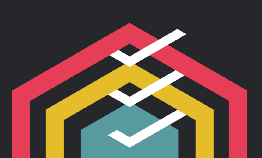 Colorful geometric pattern with overlapping shapes in pink, yellow, blue, white, and black.