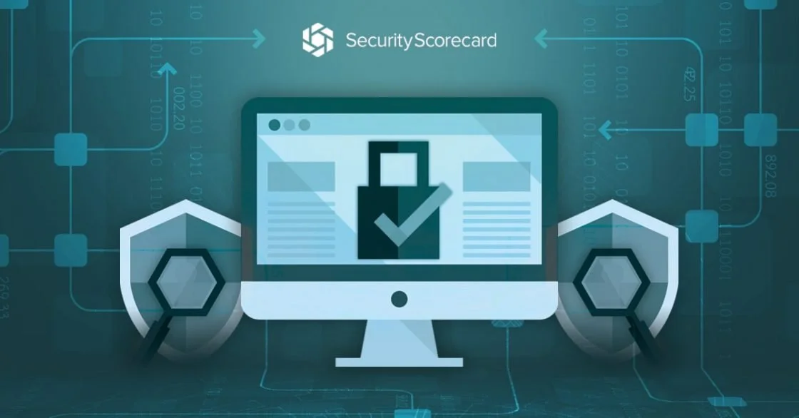 Digital graphic of cybersecurity with a computer monitor, shields, hexagons, and security icons, labeled SecurityScorecard.