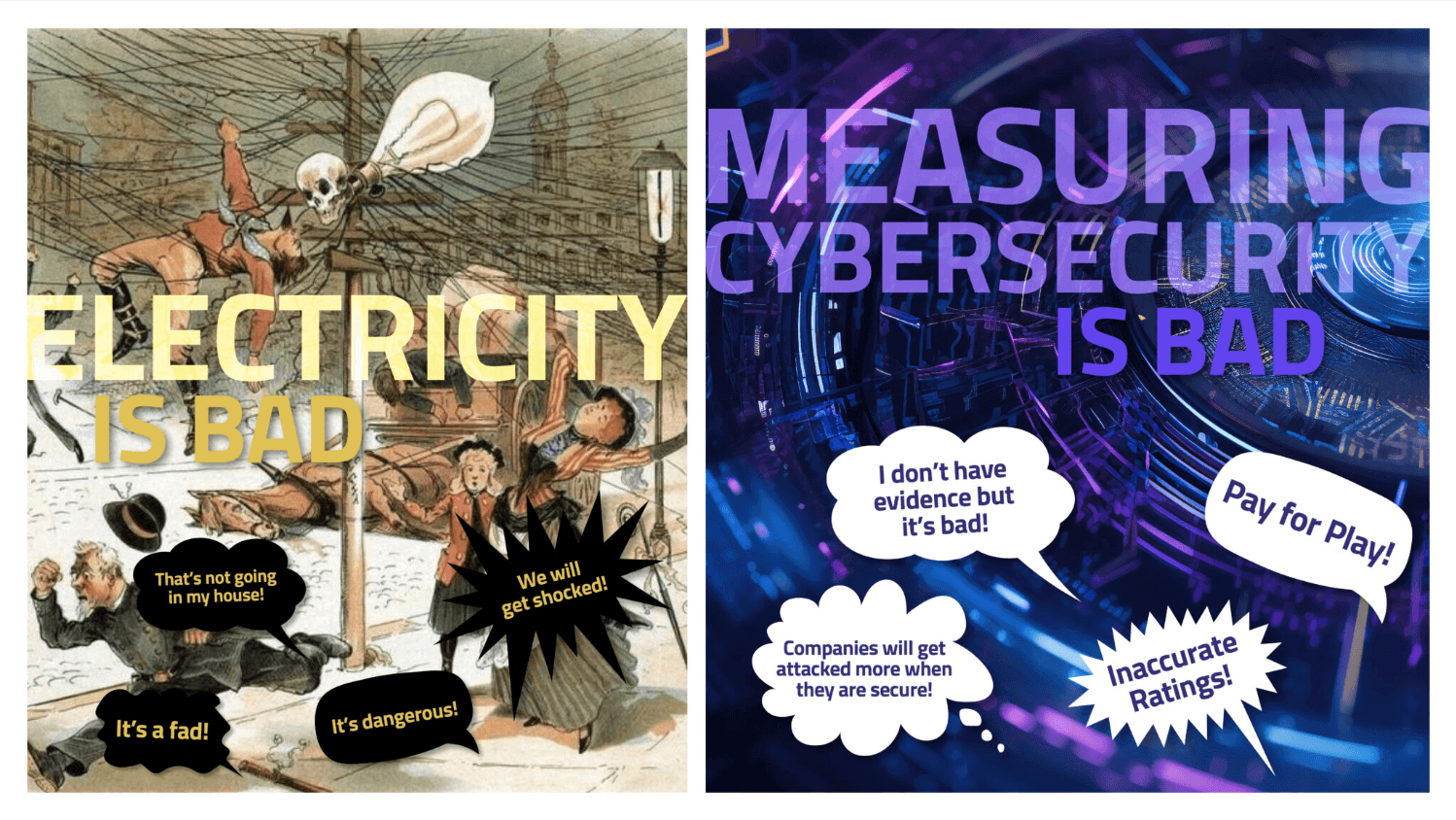 Left side shows vintage illustration of people reacting with fear to electricity, with text "Electricity is Bad". Right side shows a digital, futuristic background with the text "Measuring Cybersecurity is Bad" and various speech bubbles expressing concerns about cybersecurity.