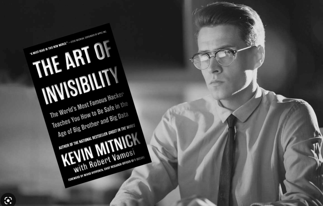 Black and white photo of a man in glasses and a shirt with a tie, sitting and looking thoughtful. A book titled "The Art of Invisibility" by Kevin Mitnick is positioned in the foreground.