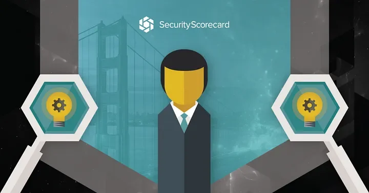A graphic featuring a person in a suit with a yellow face, a background of the Golden Gate Bridge, and the SecurityScorecard logo, flanked by two icons of a lightbulb inside a hexagon with a gear symbol inside.