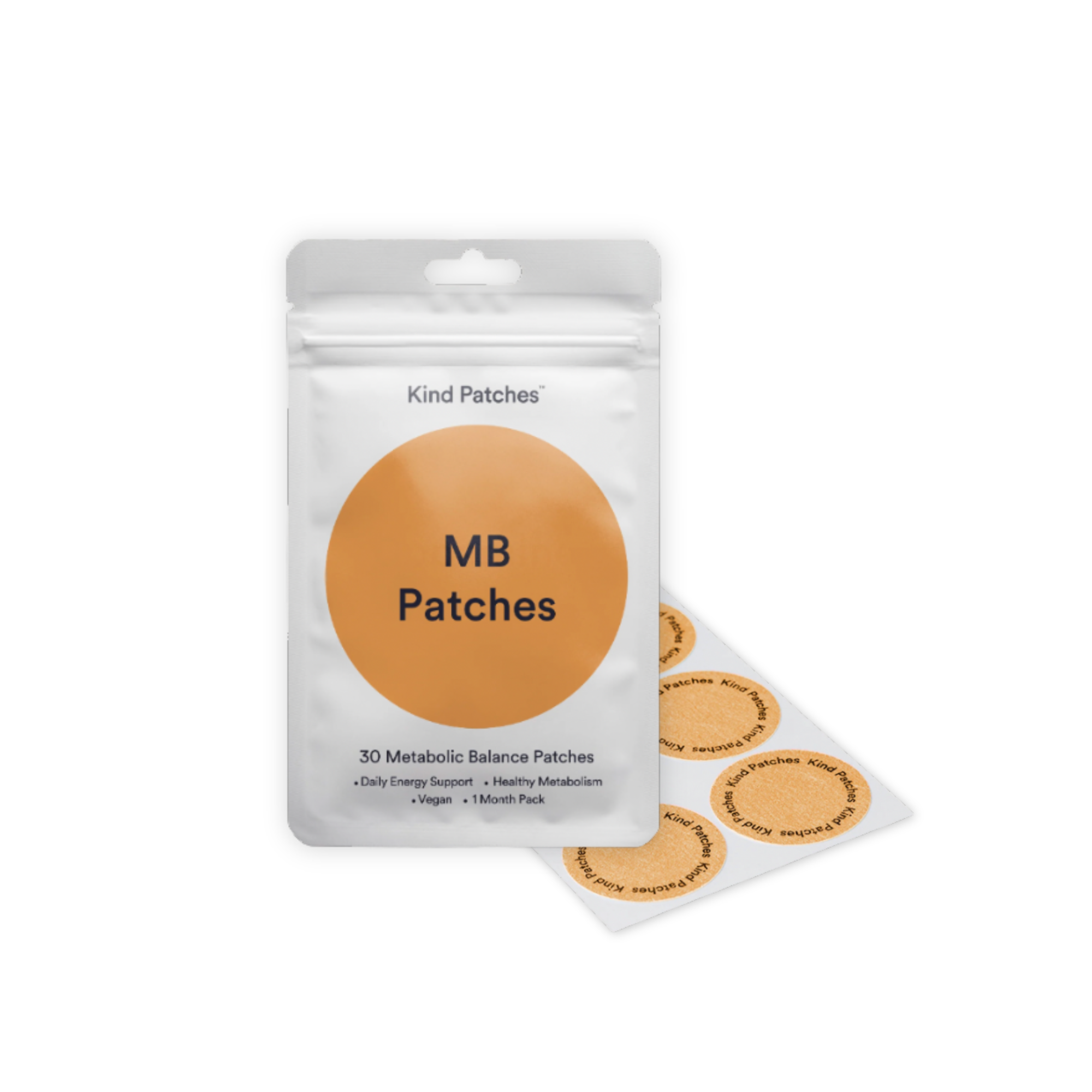 Package of MB Patches, metabolic balance patches, with several patches displayed in front, each labeled 'Kind Patches' and arranged in an overlapping pattern against a black background.