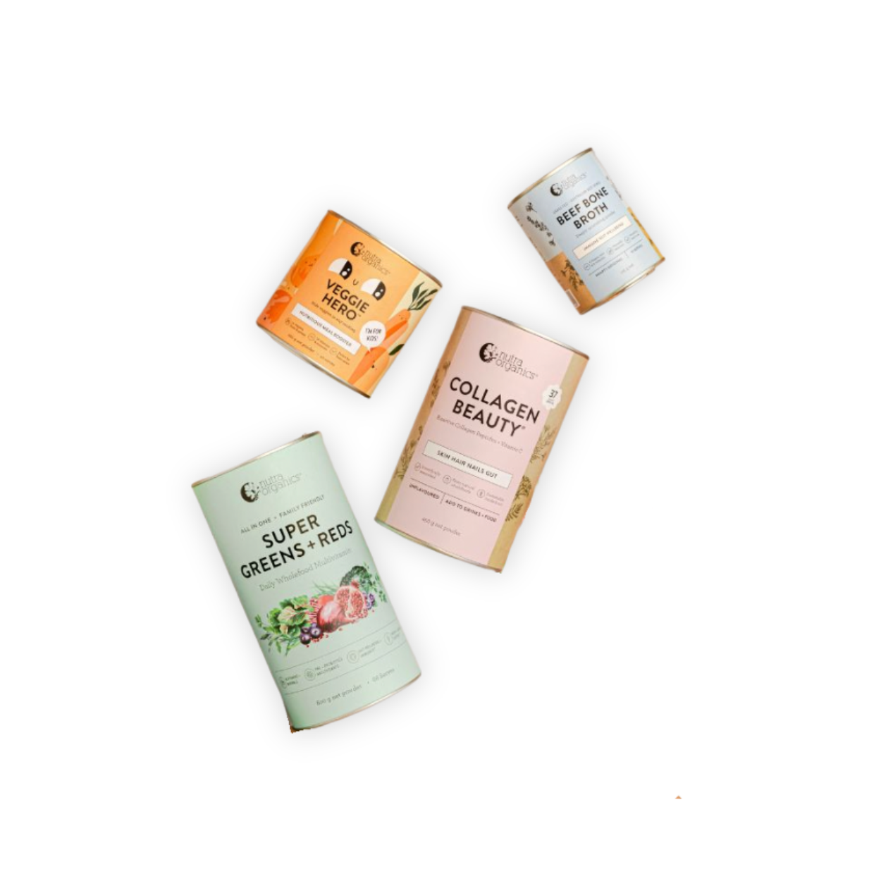 Four cans of organic health supplements against a black background, including Collagen Beauty, Super Greens + Reds, Veggie Hero, and Beef Bone Broth.