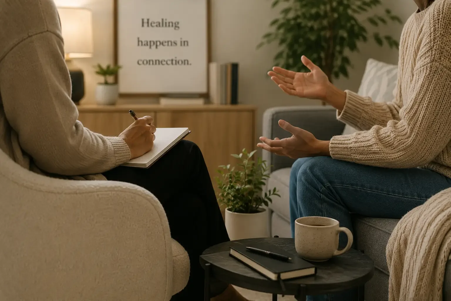 A therapist takes notes while listening to a person speaking in a cozy room with a plant and a sign that reads, "Healing happens in connection."