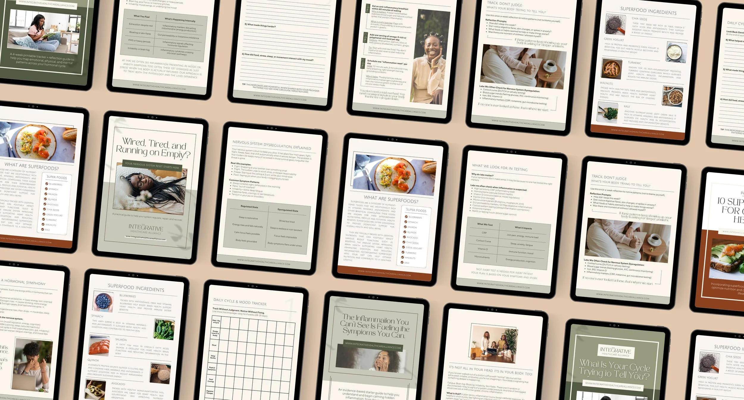 Collection of digital tablets displaying health and nutrition information, including superfoods, inflammation symptoms, mood tracking, and immune system dysregulation, laid out on a beige surface.
