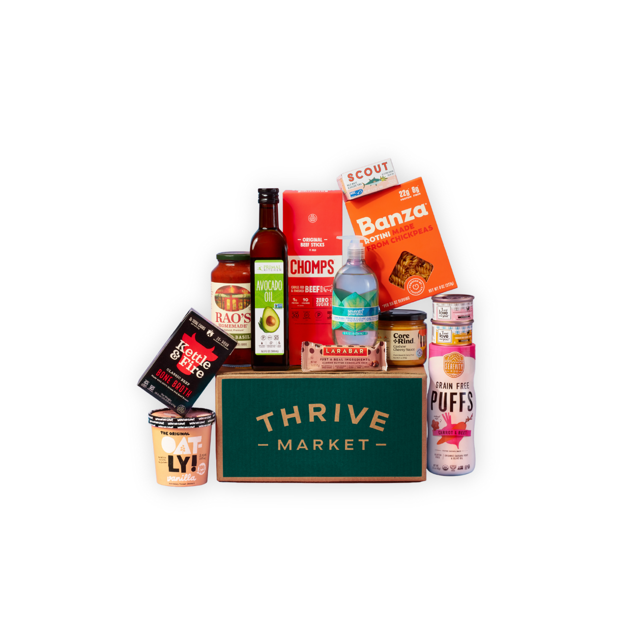 A box labeled 'Thrive Market' surrounded by various grocery products including oat milk, avocado oil, beef jerky, pasta, cookies, and snacks, on a black background.