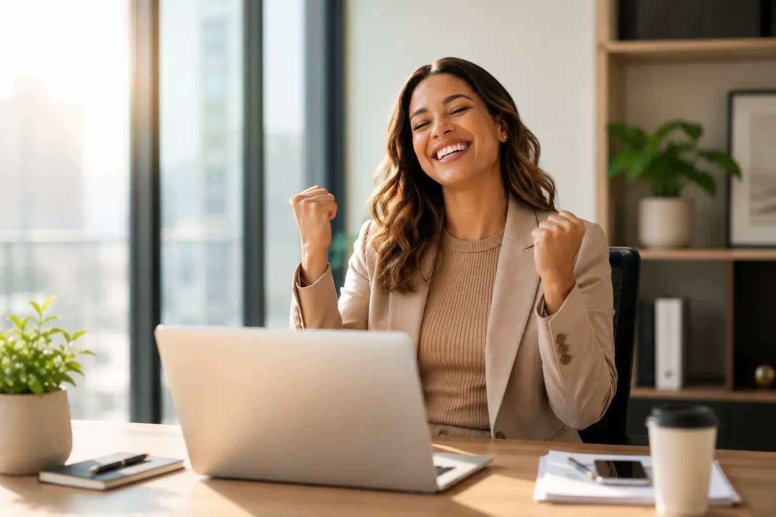 Smiling woman in a beige blazer sits at a desk with a laptop, clenching her fists in excitement. A coffee cup and plant are on the desk, conveying a sense of achievement.