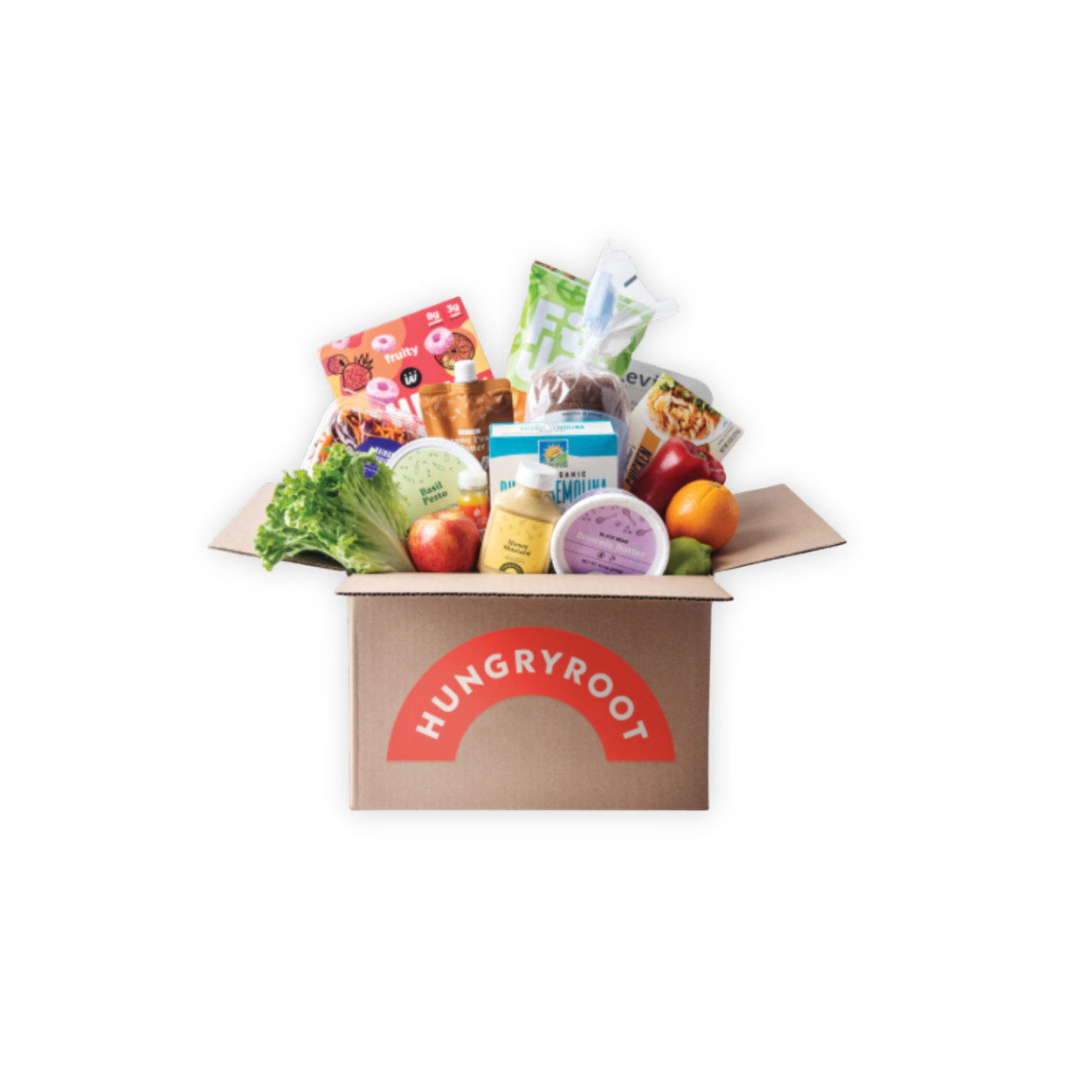 Open cardboard box with various grocery items including fruits, vegetables, beverages, and packaged foods, with a 'HUNGRYROO' logo on the box.