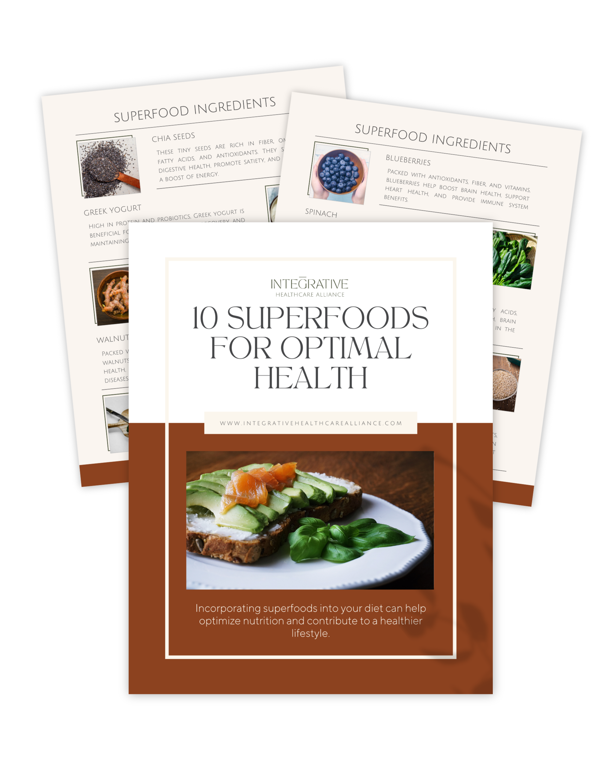 Brochure titled '10 Superfoods for Optimal Health' featuring a plate with avocado toast, basil leaves, and an informational pamphlet about superfood ingredients.