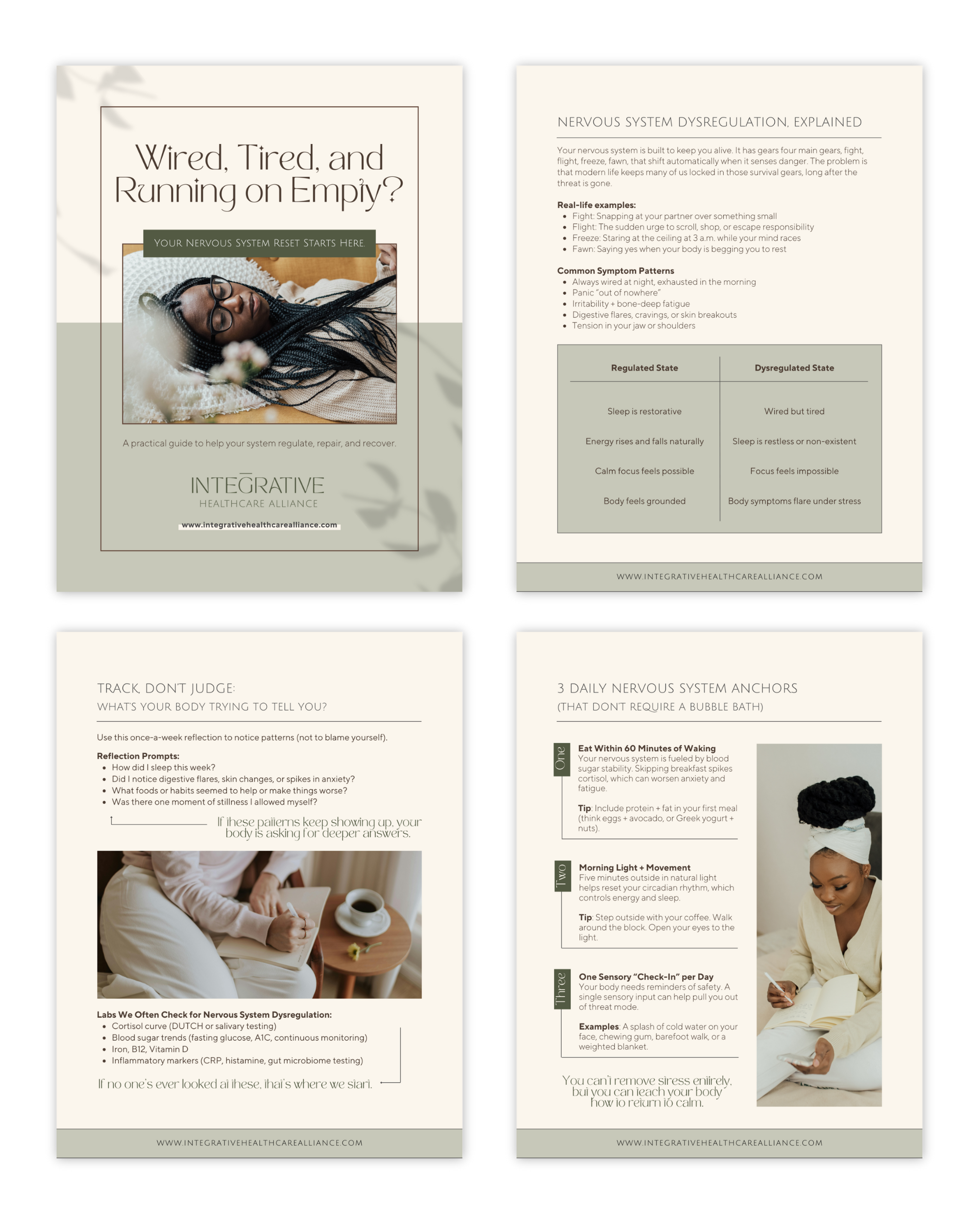 A four-page informational brochure about nervous system regulation, stress management, and recovery. The first page features a sleeping woman with glasses and dreadlocks. The remaining pages include text, charts, and tips about nervous system states, symptoms, self-assessment prompts, and daily stress management anchors.