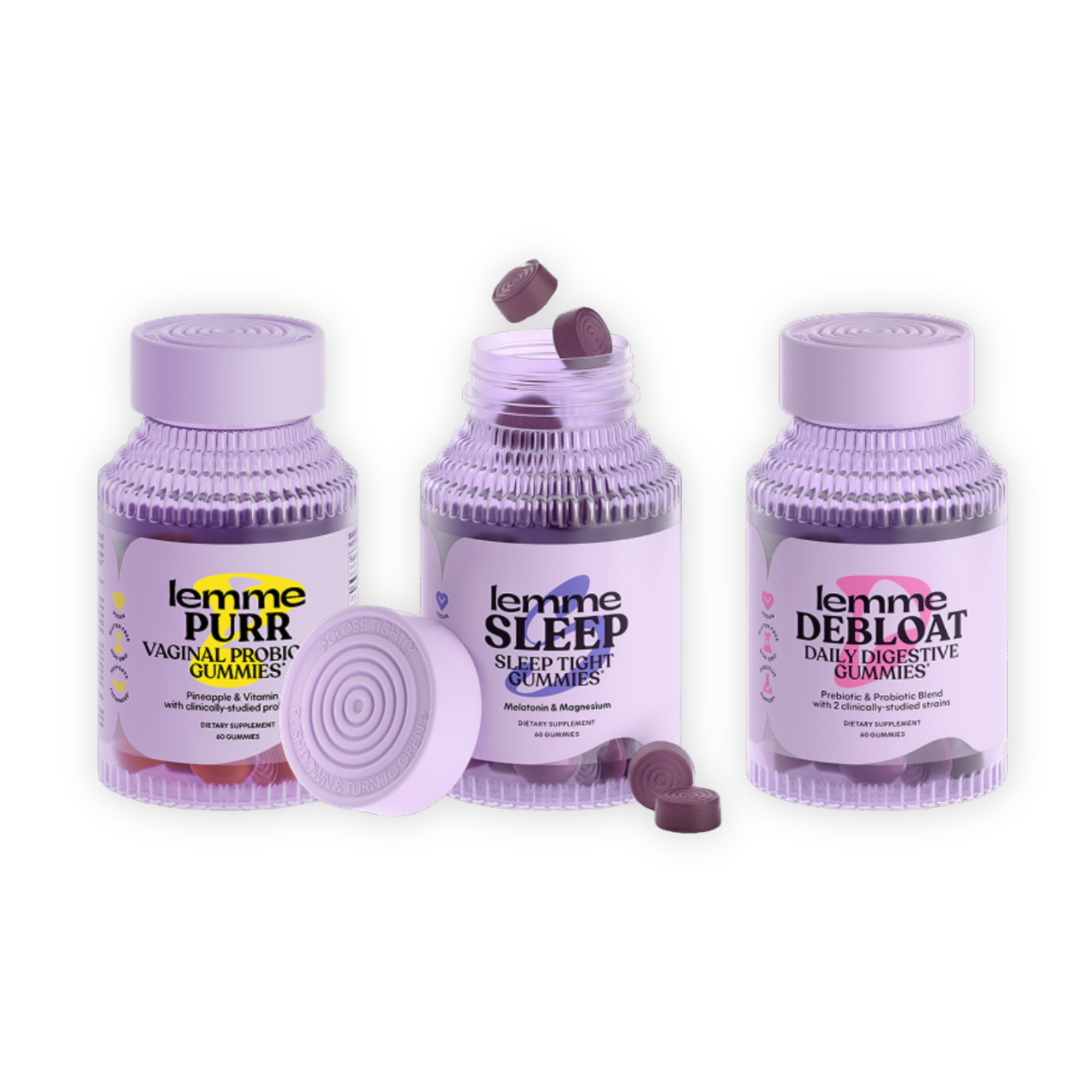 Three bottles of dietary gummies with purple caps, labeled "Lemme PURR" for vaginal probiotic gummies, "Lemme SLEEP" for sleep tight gummies, and "Lemme DEFLOAT" for daily digestive gummies, with the middle bottle's cap removed and gummies falling out.