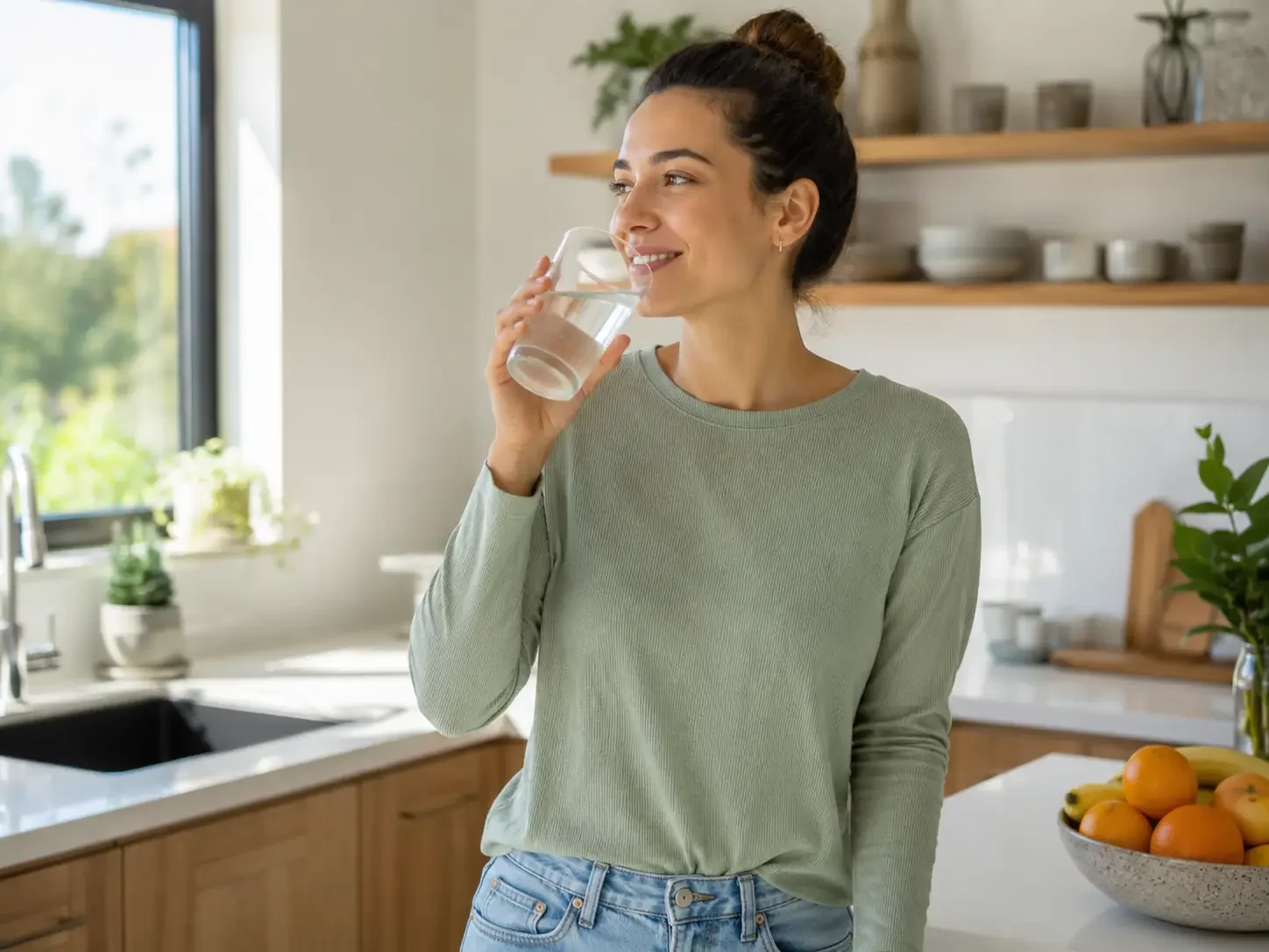 A woman in a green sweater smiles while drinking a glass of water in a sunlit kitchen. The counter holds a bowl of oranges and lush plants, creating a fresh, serene ambiance.