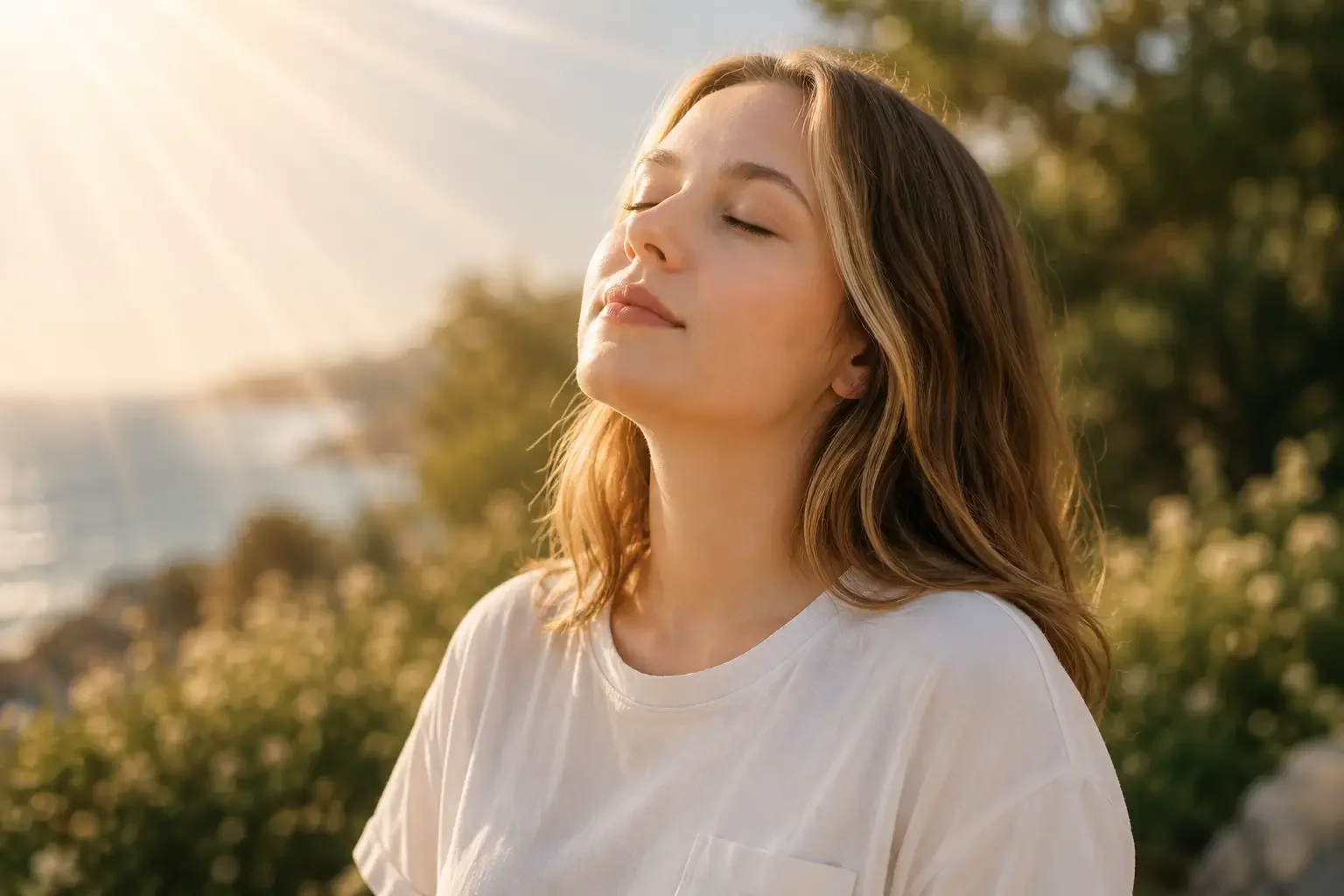 A woman in a white shirt relaxes with eyes closed, enjoying the warm sunlight on her face. She stands outdoors near lush greenery and a serene seaside.