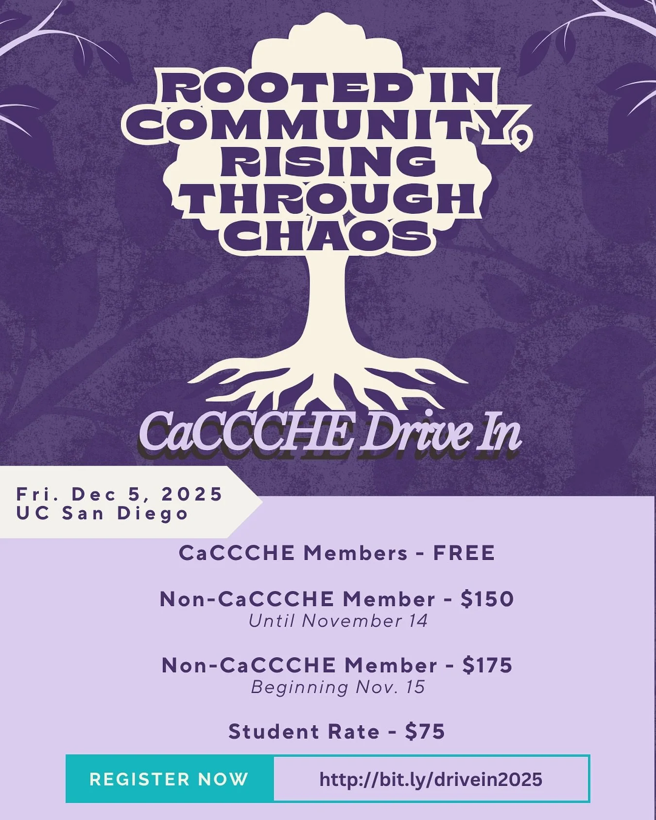 It&rsquo;s that time again - CaCCCHE&rsquo;s Annual Drive-In is LIVE! 🚗💨

Theme: Rooted in Community, Rising through Chaos 🌳
📍 UC San Diego | December 5, 2025

Connect, grow, and rise with us through a day of community and professional developmen