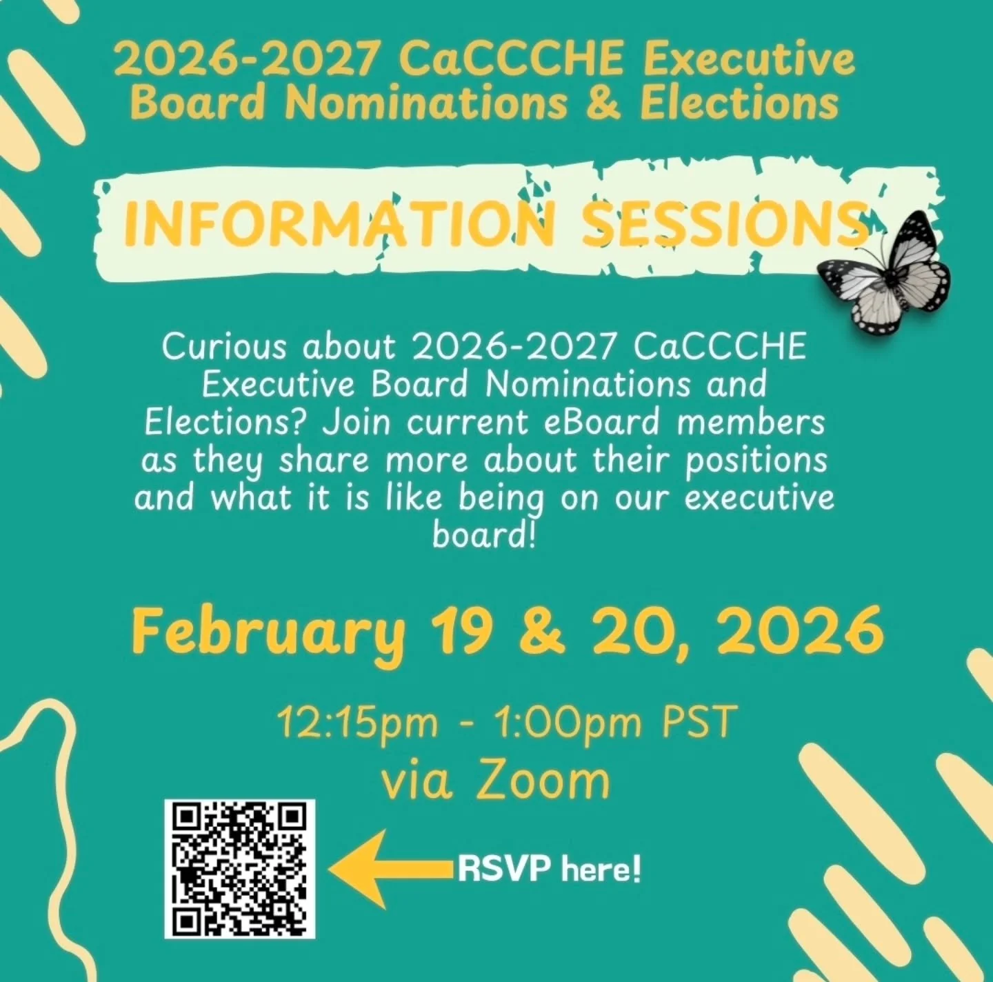 Curious about the 2026&ndash;2027 CaCCCHE Executive Board nominations and elections? Join our current eBoard members to learn more about their roles and what it&rsquo;s like to serve on the Executive Board!

February 19 &amp; 20, 2026
12:15 PM &ndash