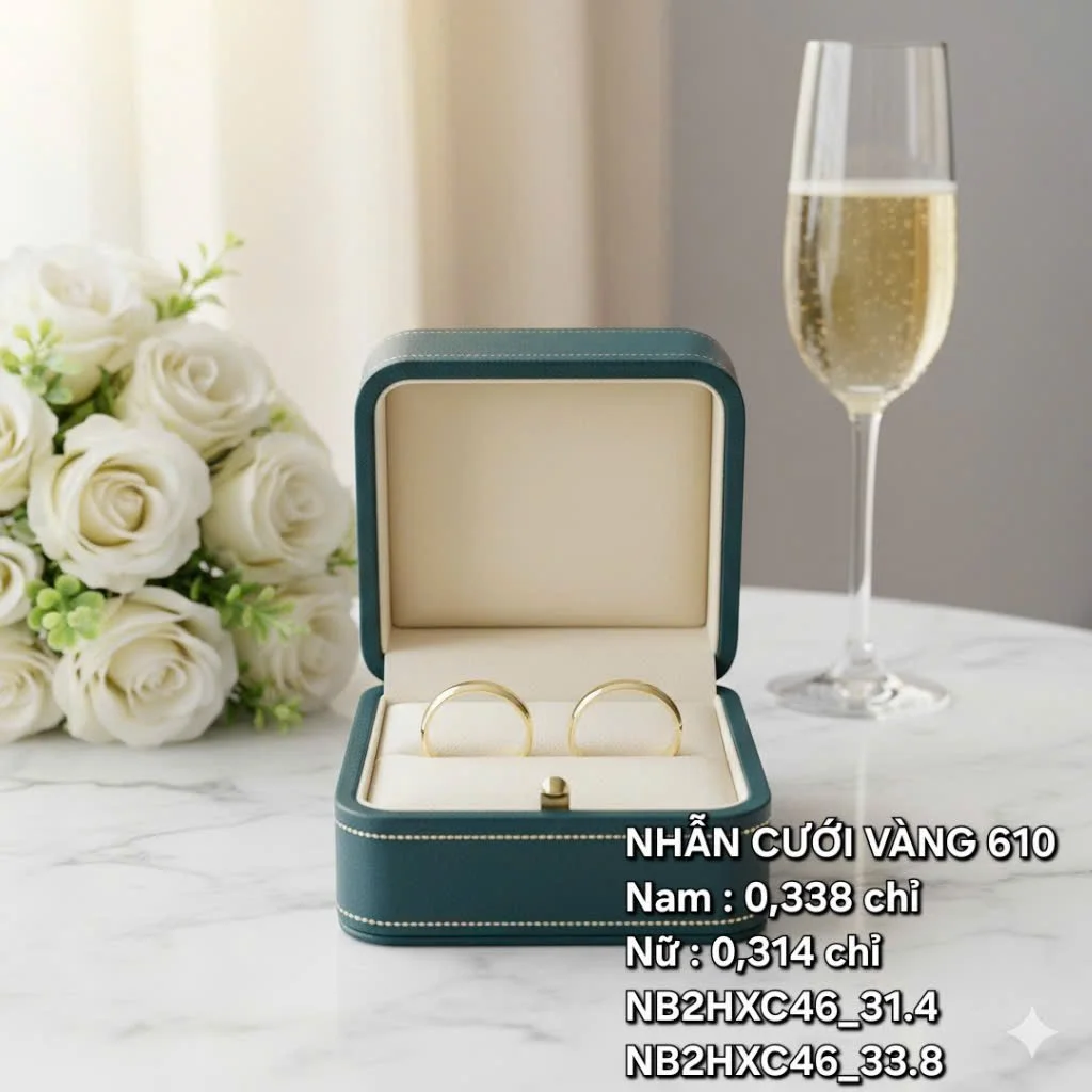 A pair of gold wedding rings in an open jewelry box on a white marble surface, with white roses and a glass of champagne in the background.
