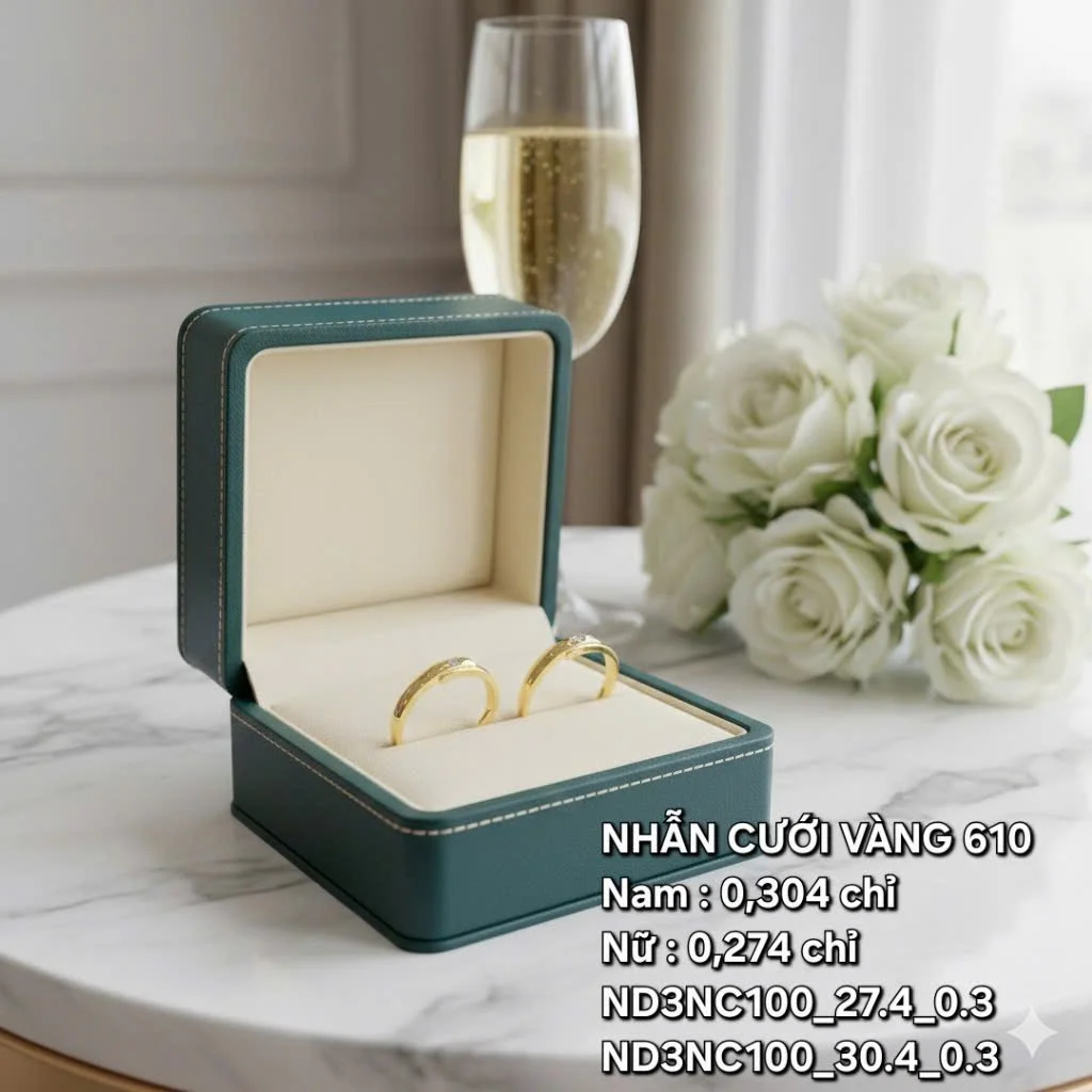 A jewelry box containing two gold rings, a bouquet of white roses, and a glass of champagne on a marble table near a window.