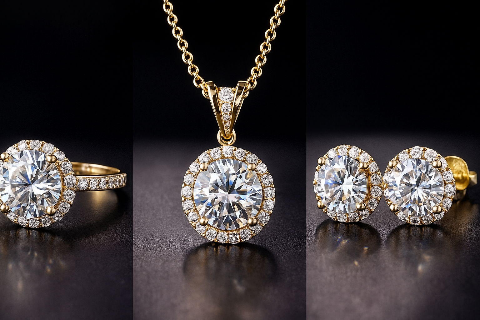 Set of gold jewelry with diamond rings and a pendant necklace, all with large central diamonds surrounded by smaller diamonds against a black background.