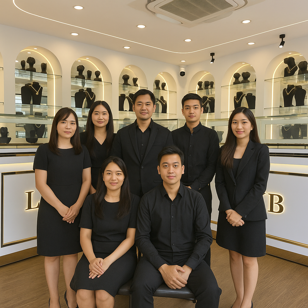 Group of seven young professionals, four women and three men, dressed in black, standing and sitting in front of a jewelry display case with necklaces and busts in a modern store.