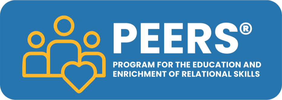 PEERS program logo featuring three stylized human figures and a heart, with text for education and enrichment of relational skills.