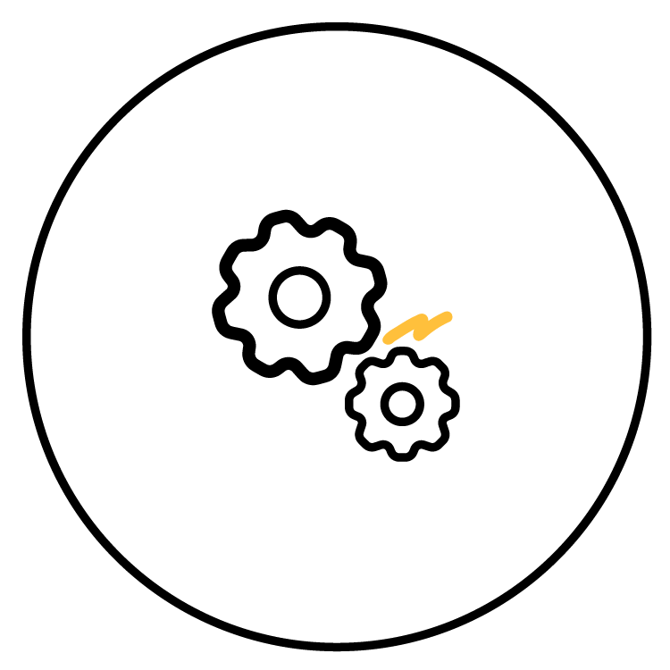 Icon of two interconnected gears with an arrow indicating movement or process, symbolizing settings or technical adjustments.