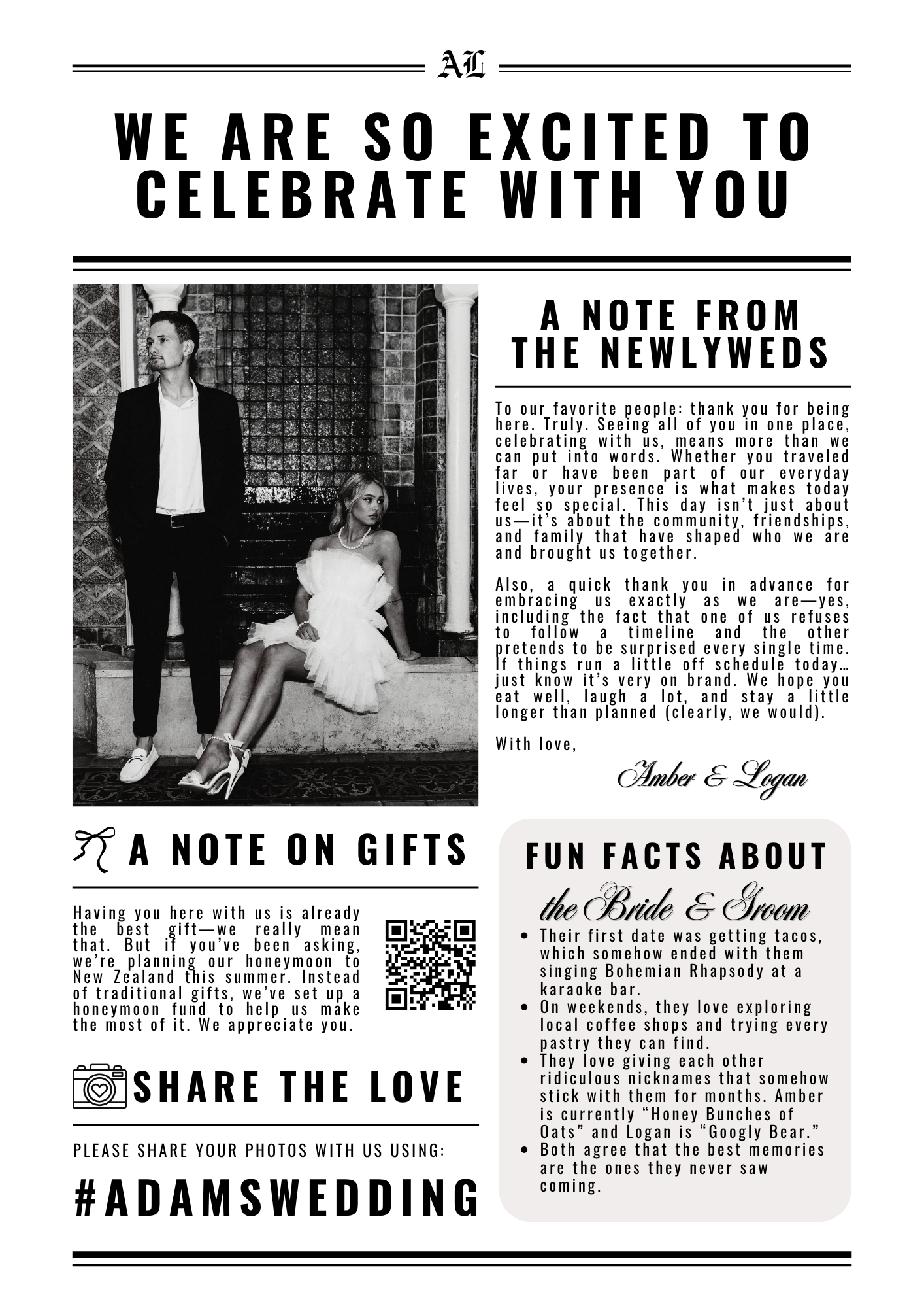 custom wedding newspaper note from newlyweds