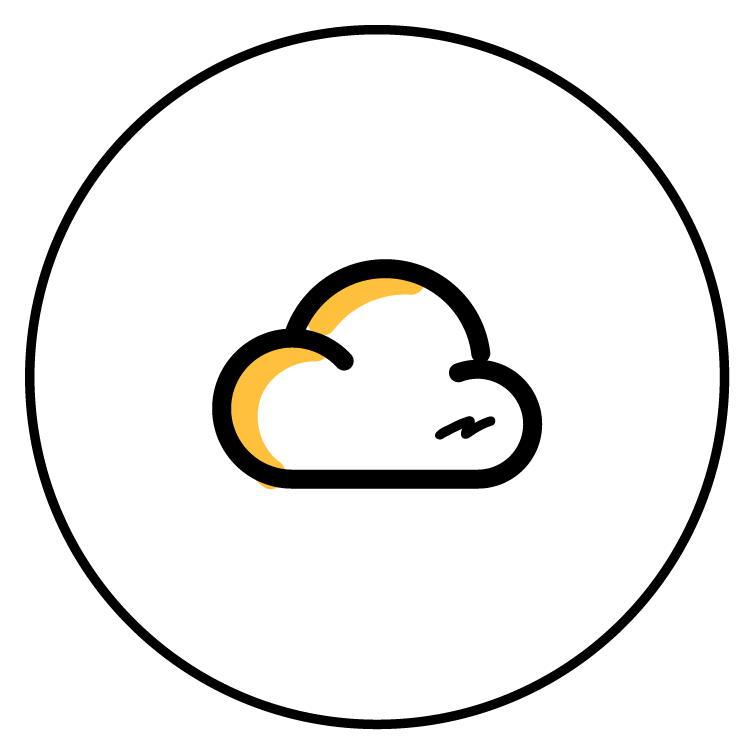 Stylized cloud with black outlines, white fill, and yellow accents on a black background.