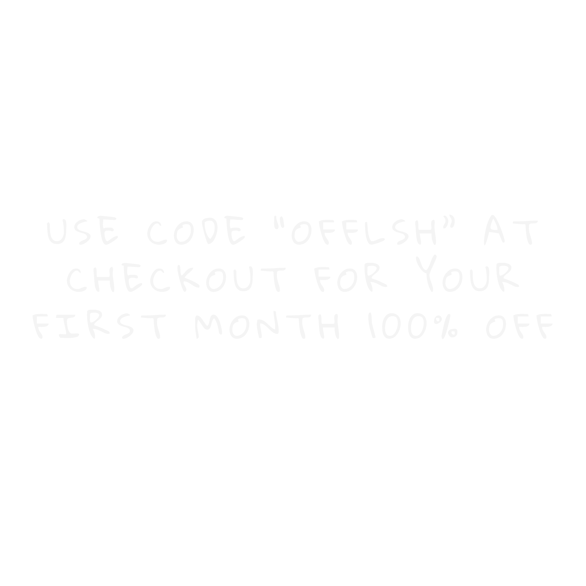 Text on a black background with white handwritten style font instructing to use the code 'OFFLSH' at checkout for a discount, with part of the text cut off at the bottom.