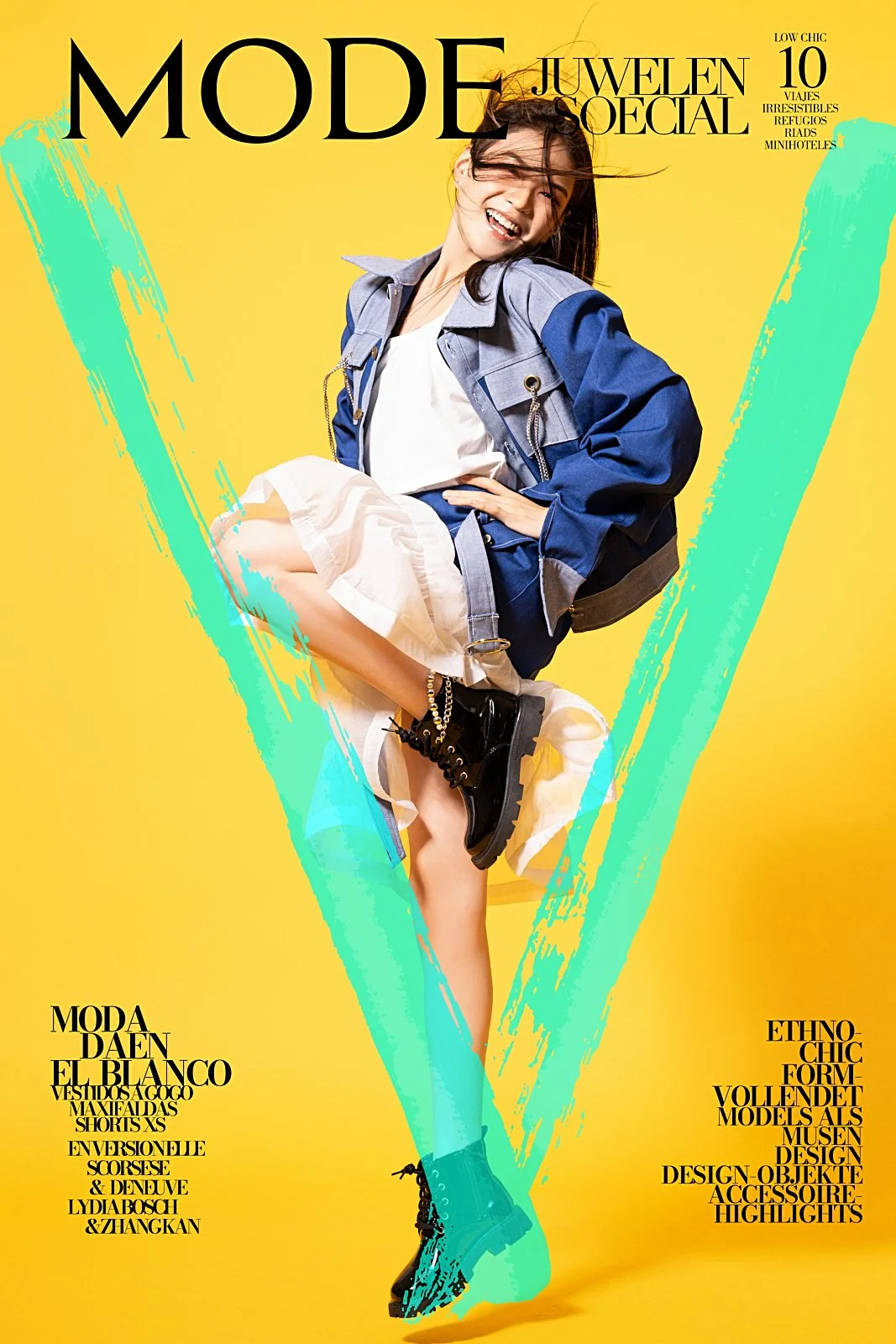 Cover of a fashion magazine featuring a young woman posing in trendy clothing against a yellow background with teal brushstroke designs.