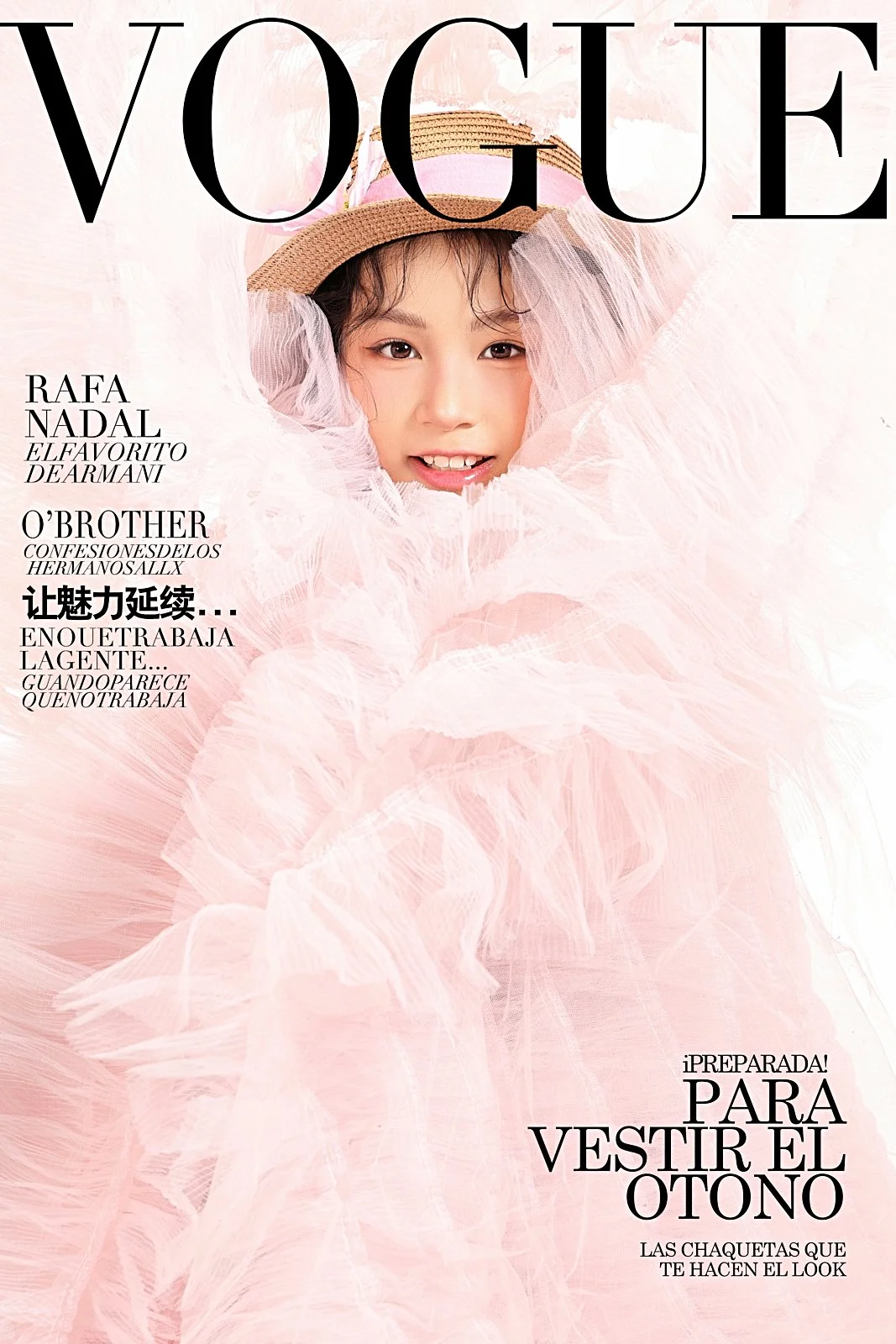 Vogue magazine cover featuring a young girl with dark hair, wearing a large straw hat with pink and white ribbons, and a fluffy pink dress with ruffles. The title text includes 'Vogue' and other magazine cover text in various languages about fashion 