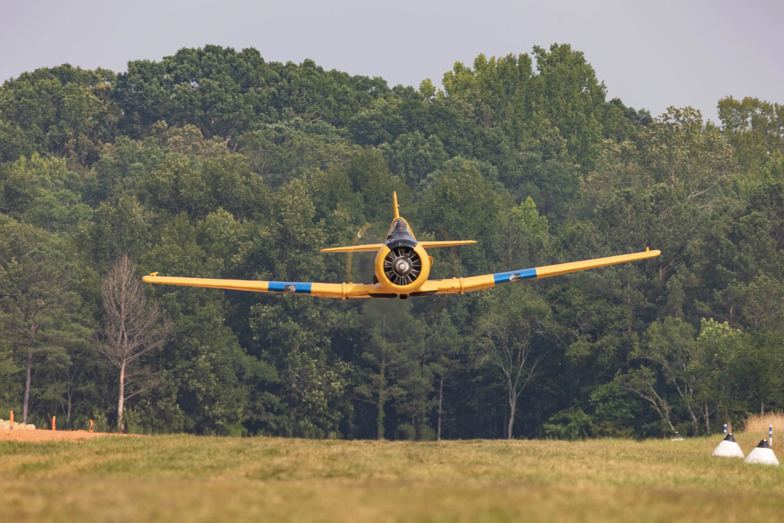 A yellow vintage airplane flying low over a grassy field with trees in the background.