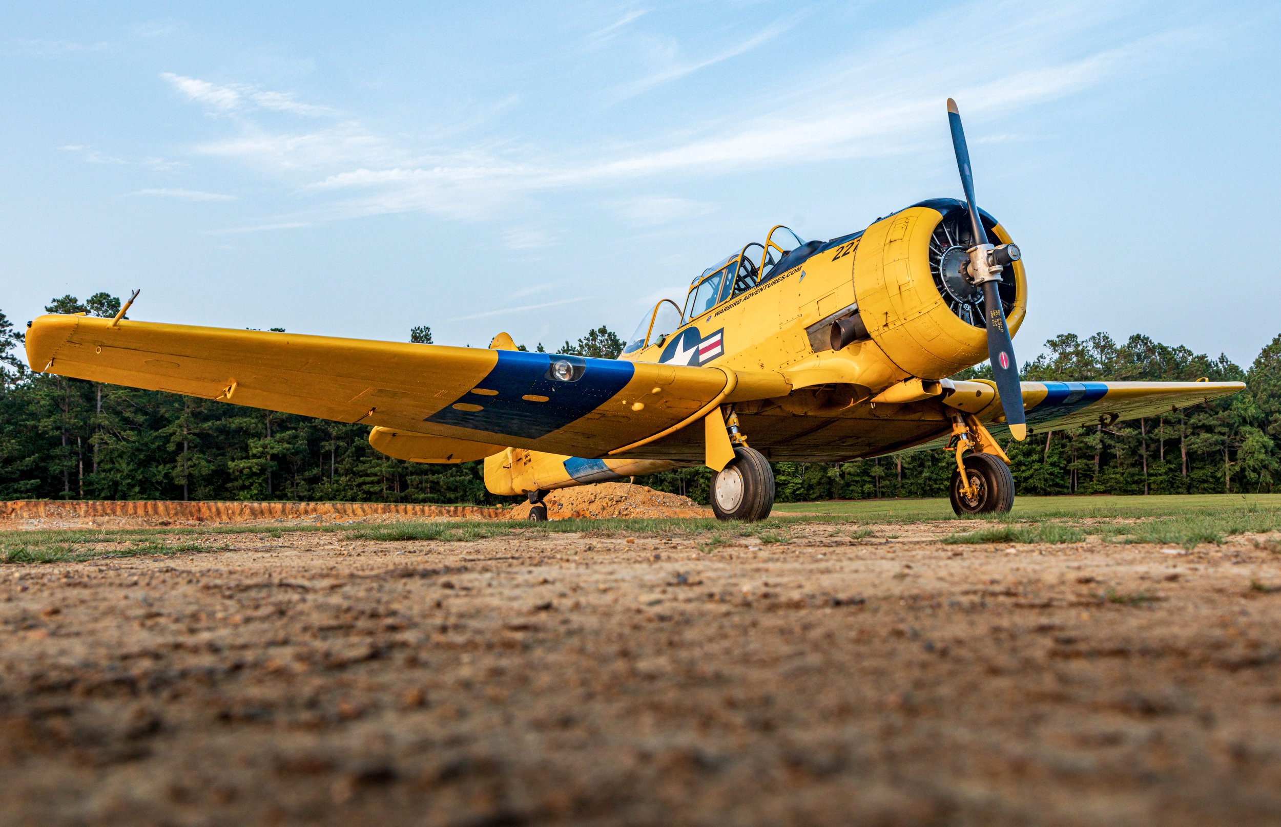 A yellow and blue vintage aircraft parked outdoors on a dirt surface, with trees and a cloudy sky in the background.
