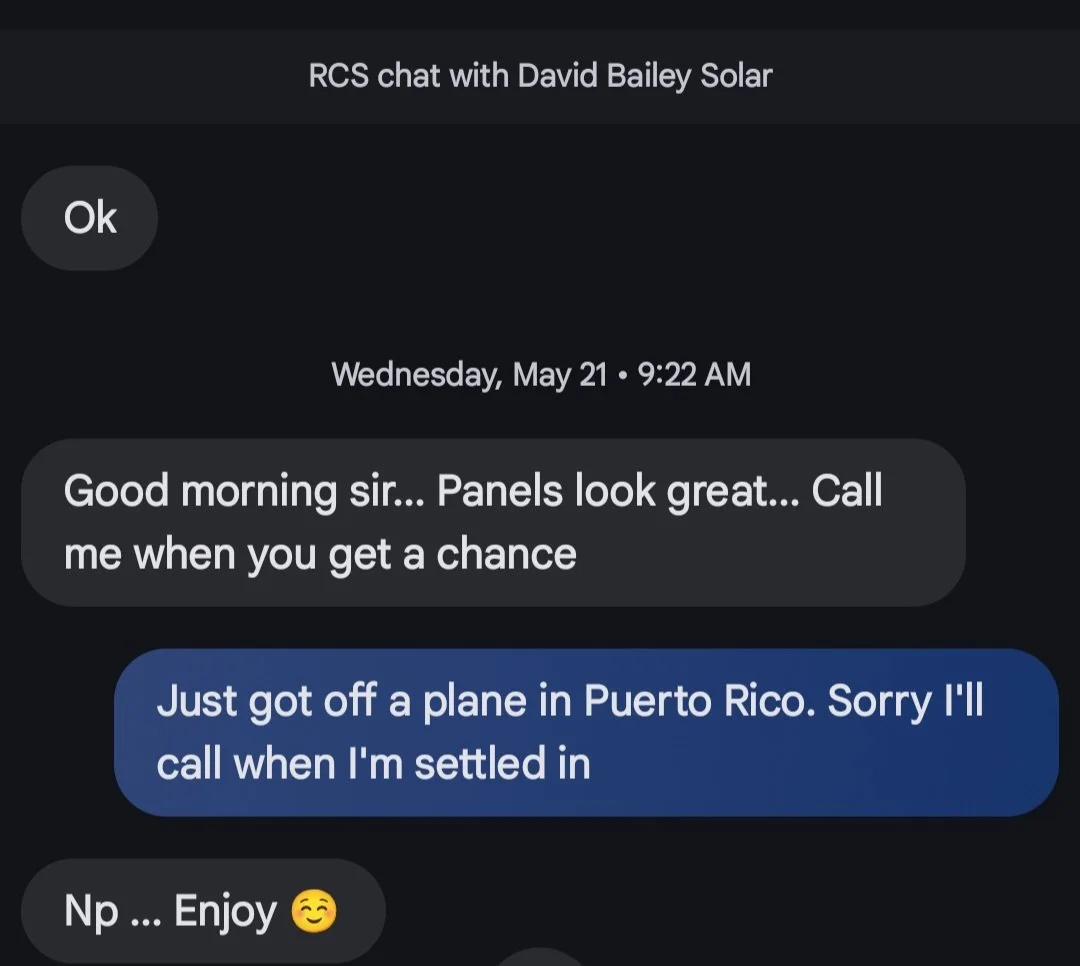 Screenshot of a text conversation between a solar consultant and client discussing solar panel installation; client confirms the panels look great and awaits a callback.