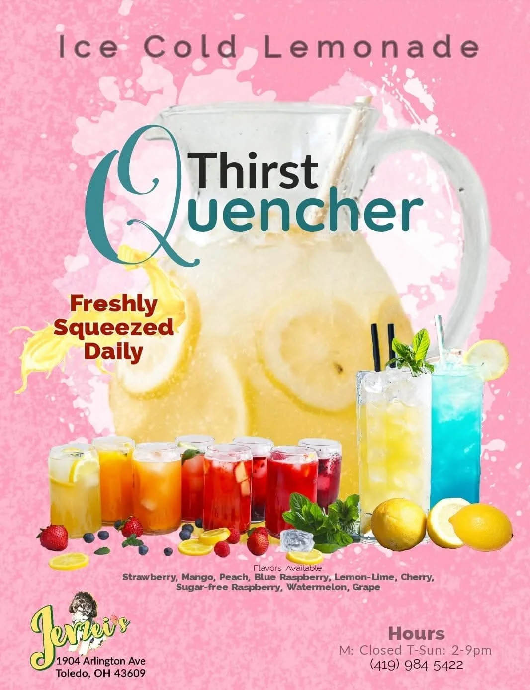 Jerzei's bright, inviting poster for “Ice Cold Lemonade” centers on a large pitcher overflowing with refreshing lemonade, instantly quenching your thirst just by looking. The soft pink background adds a gentle pop of color, making the golden pitcher
