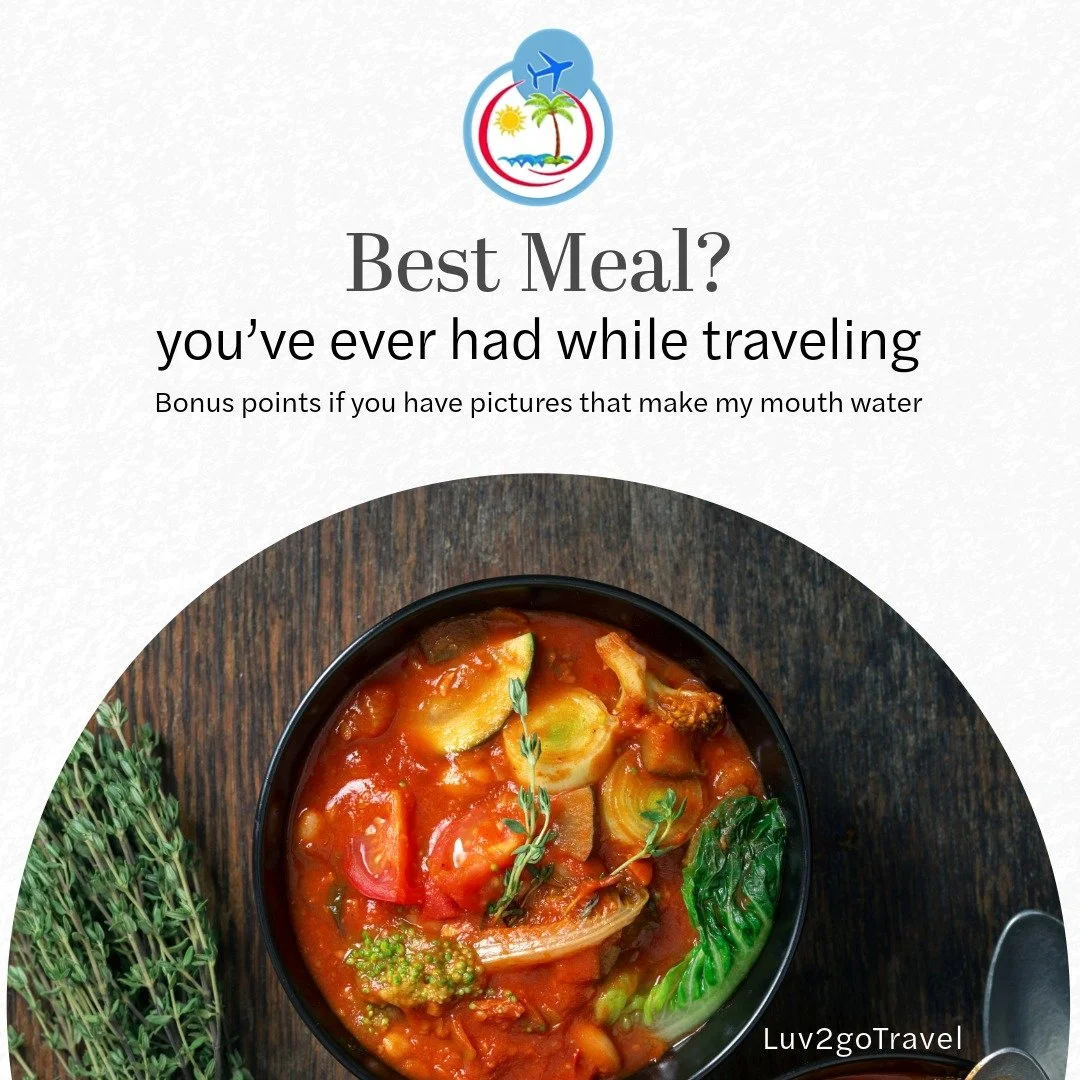 Luv2go Travel Facebook ad content to prompt conversation. “Best Meal you ever had while traveling” using a high-angle close-up draws you straight into the heart of comfort food: a dark bowl brimming with a vibrant, tomato-based vegetable stew. The bo