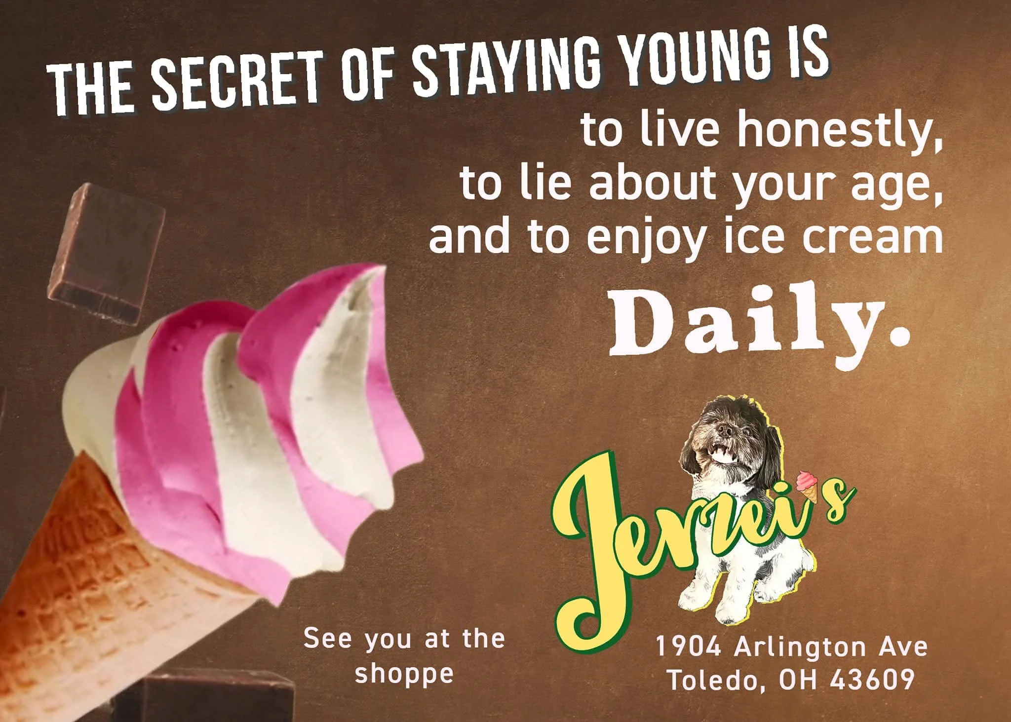 A lively and colorful ad for Jezei’s ice cream shop centers on a tempting cone swirled with vibrant pink and creamy white ice cream, its luscious texture practically inviting you to take a bite. In the background, their logo, a friendly light-brown d