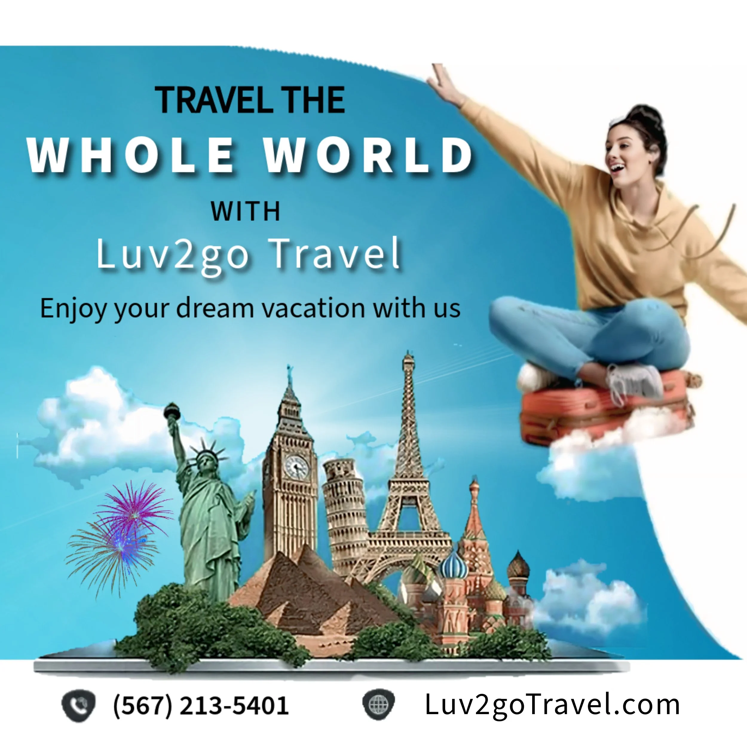 This energetic Luv2go Travel ad brings the world to your screen in one lively collage. Iconic landmarks—the Eiffel Tower, Egyptian pyramids, Statue of Liberty, Kremlin, and Big Ben—layer across a soft blue background, creating an instant sense of glo