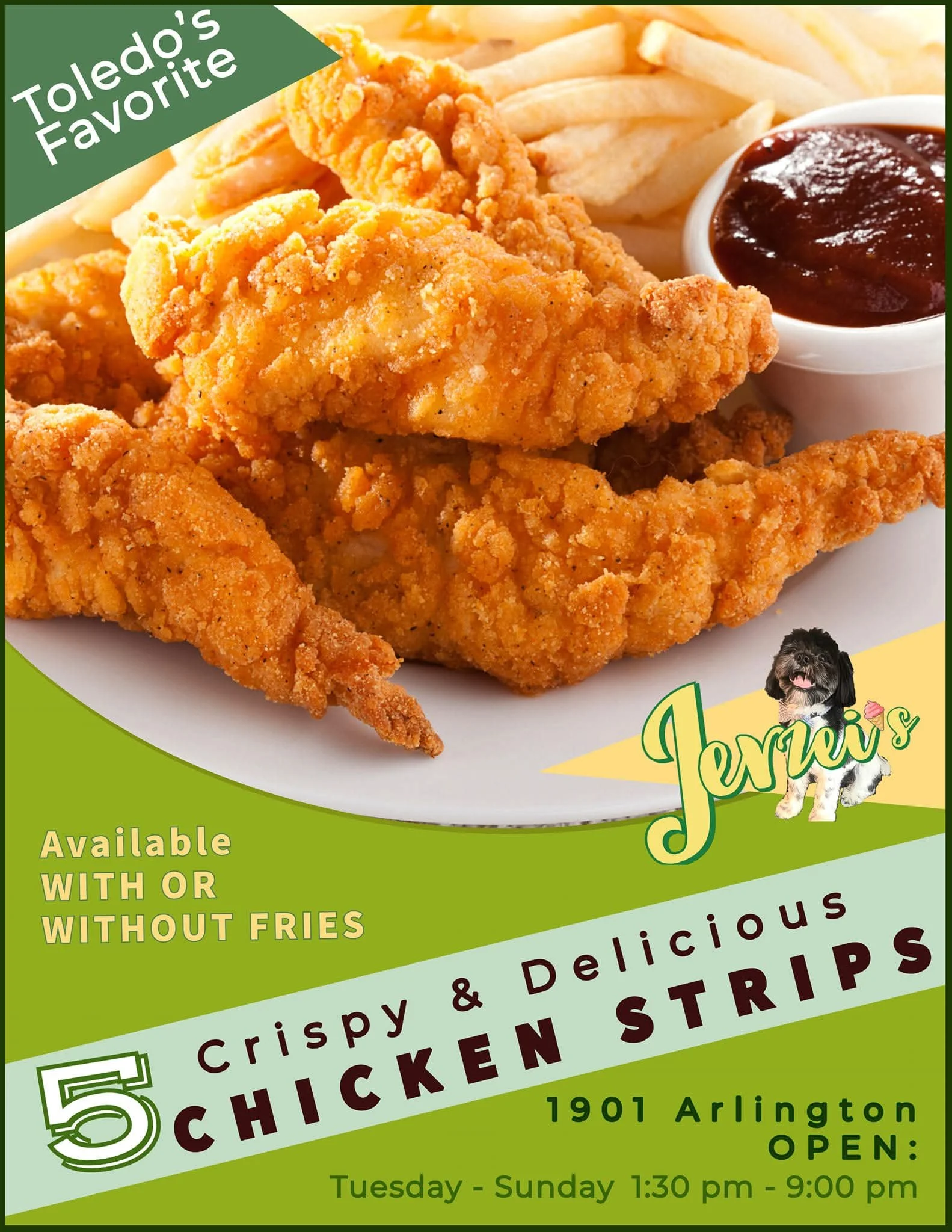 A promotional poster advertises crispy chicken strips, available with or without fries, at Jerzei's restaurant located at 1901 Arlington.
The poster's composition features a central image of golden-brown, stacked chicken strips. The image is center