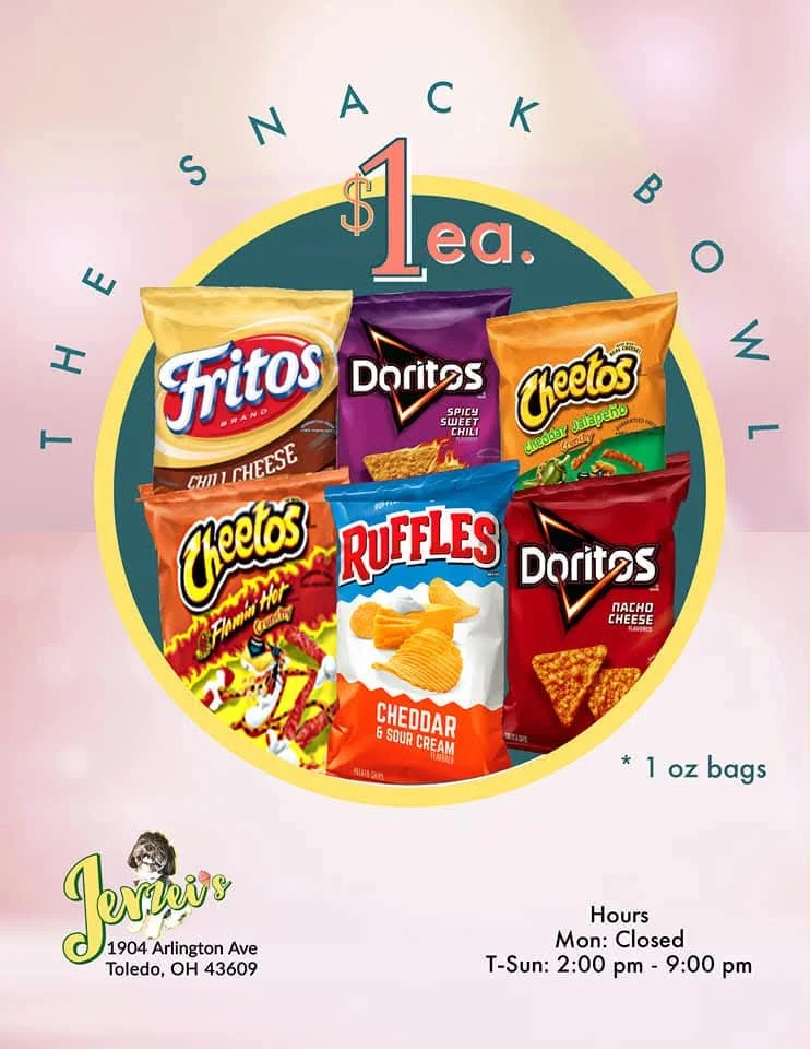 Jerzei's 2020 vibrant, circular promotional graphic spotlights an irresistible snack bowl deal featuring popular chips like Fritos, Doritos, Cheetos, and Ruffles—then, just $1. Each bag is arranged around the central message, their bold packaging and
