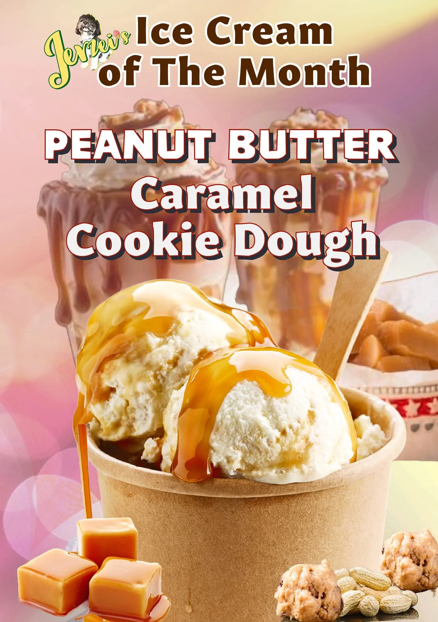 A mouthwatering promo image spotlights Jerzei's generous serving of Peanut Butter Caramel Cookie Dough ice cream, piled high in a light brown paper cup. The creamy white scoops are lavishly drizzled with golden caramel sauce, their smooth texture and