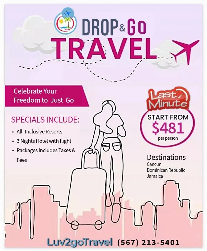 This travel ad keeps things simple and inviting, spotlighting a stylized woman with a suitcase set against a soft pastel-pink background. The illustration, rendered in clean lines and minimal detail, suggests both affordability and ease—travel made a